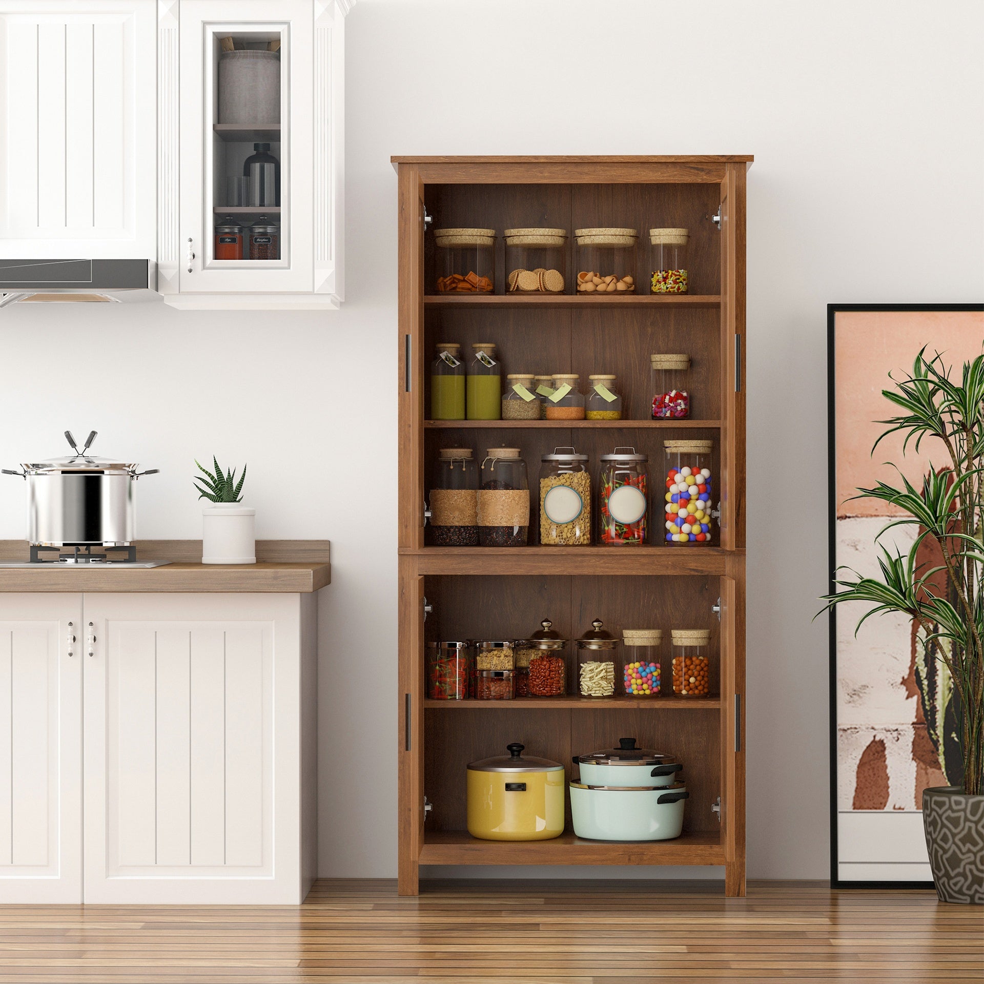HOMCOM 64" 4-Door Kitchen Pantry, Freestanding Storage Cabinet with 3 Adjustable Shelves for Kitchen, Oak