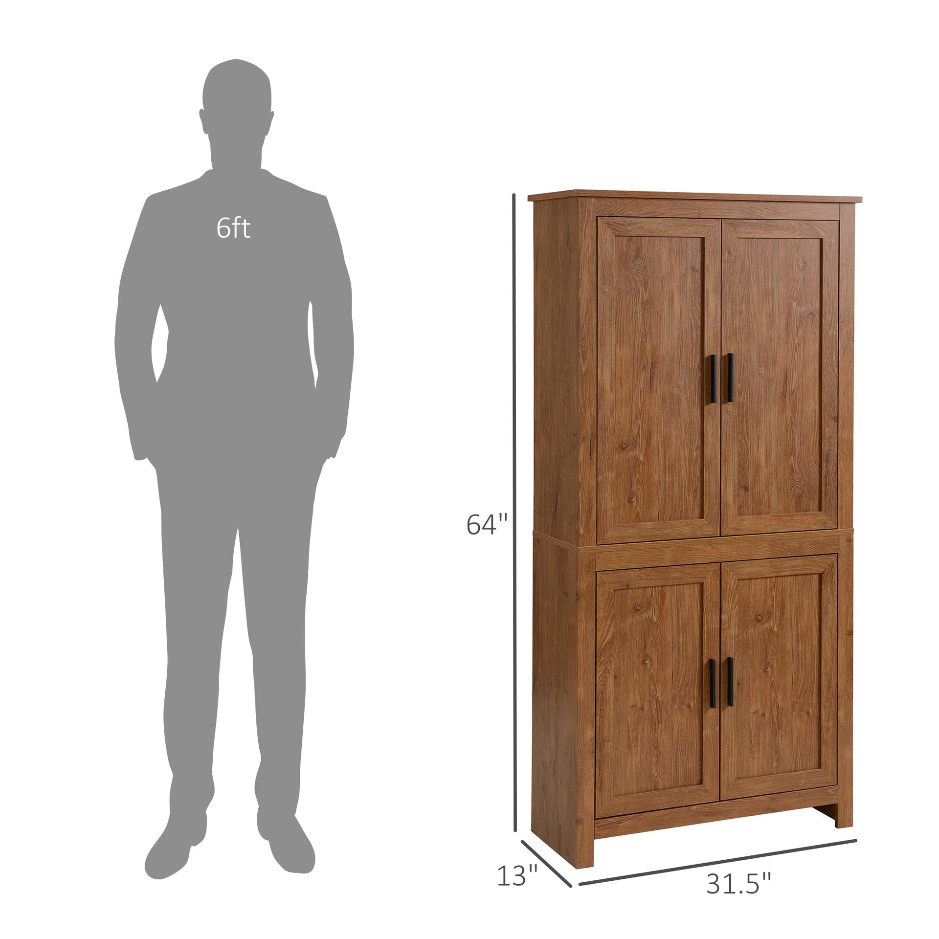 HOMCOM 64" 4-Door Kitchen Pantry, Freestanding Storage Cabinet with 3 Adjustable Shelves for Kitchen, Oak
