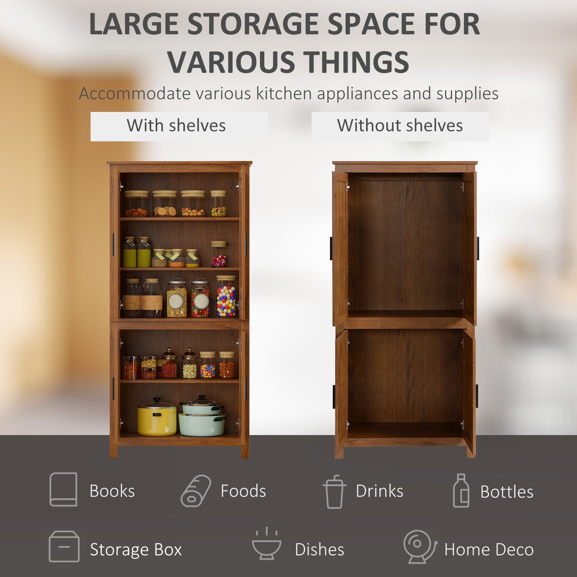 HOMCOM 64" 4-Door Kitchen Pantry, Freestanding Storage Cabinet with 3 Adjustable Shelves for Kitchen, Oak