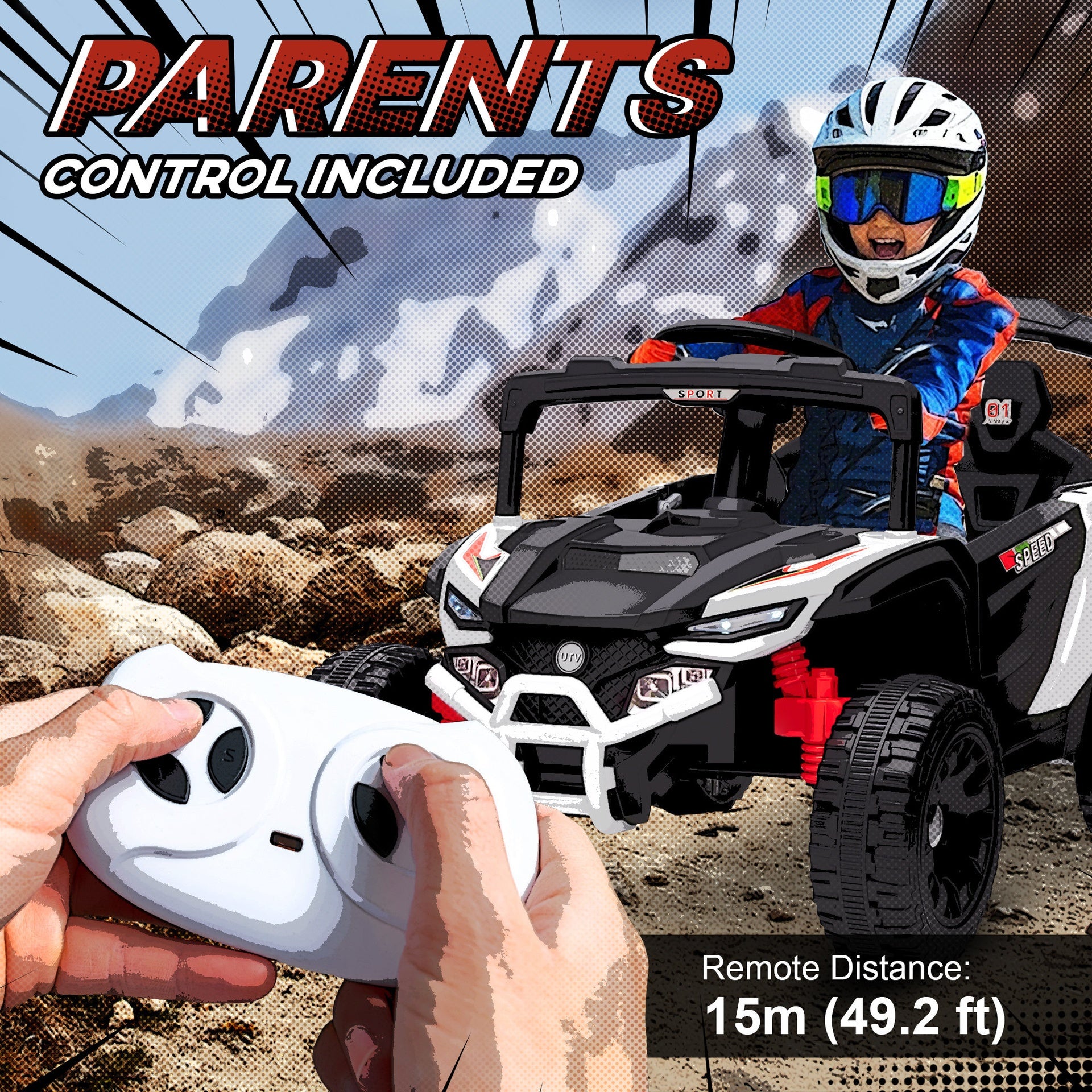 Qaba 12V Kids Ride On Truck, Battery Powered Electric UTV Vehicle with Rear Suspension, Remote Control for 3-5 Years, White