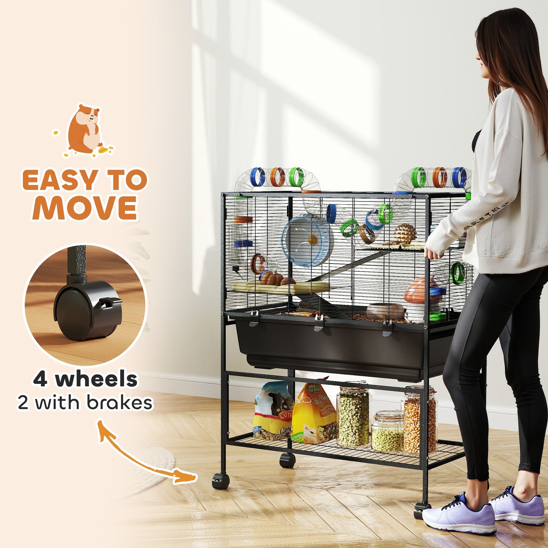 PawHut 3 Tier Hamster Cage, Rolling Rat Cage with Deep Tray, Storage Shelf, Big Exercise Wheel, Hut, Tube System