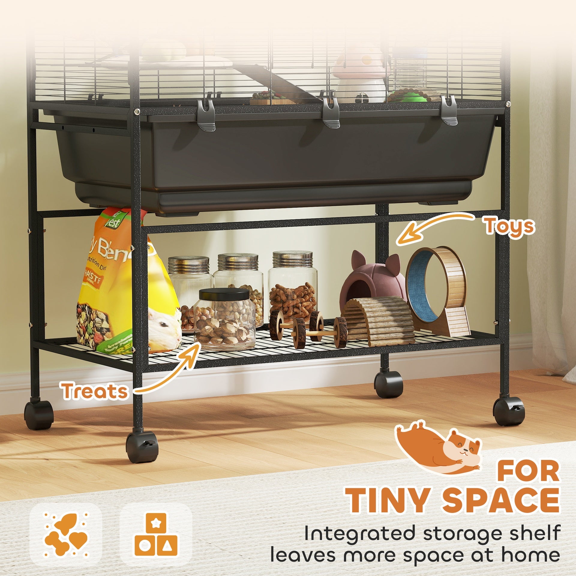 PawHut 3 Tier Hamster Cage, Rolling Rat Cage with Deep Tray, Storage Shelf, Big Exercise Wheel, Hut, Tube System