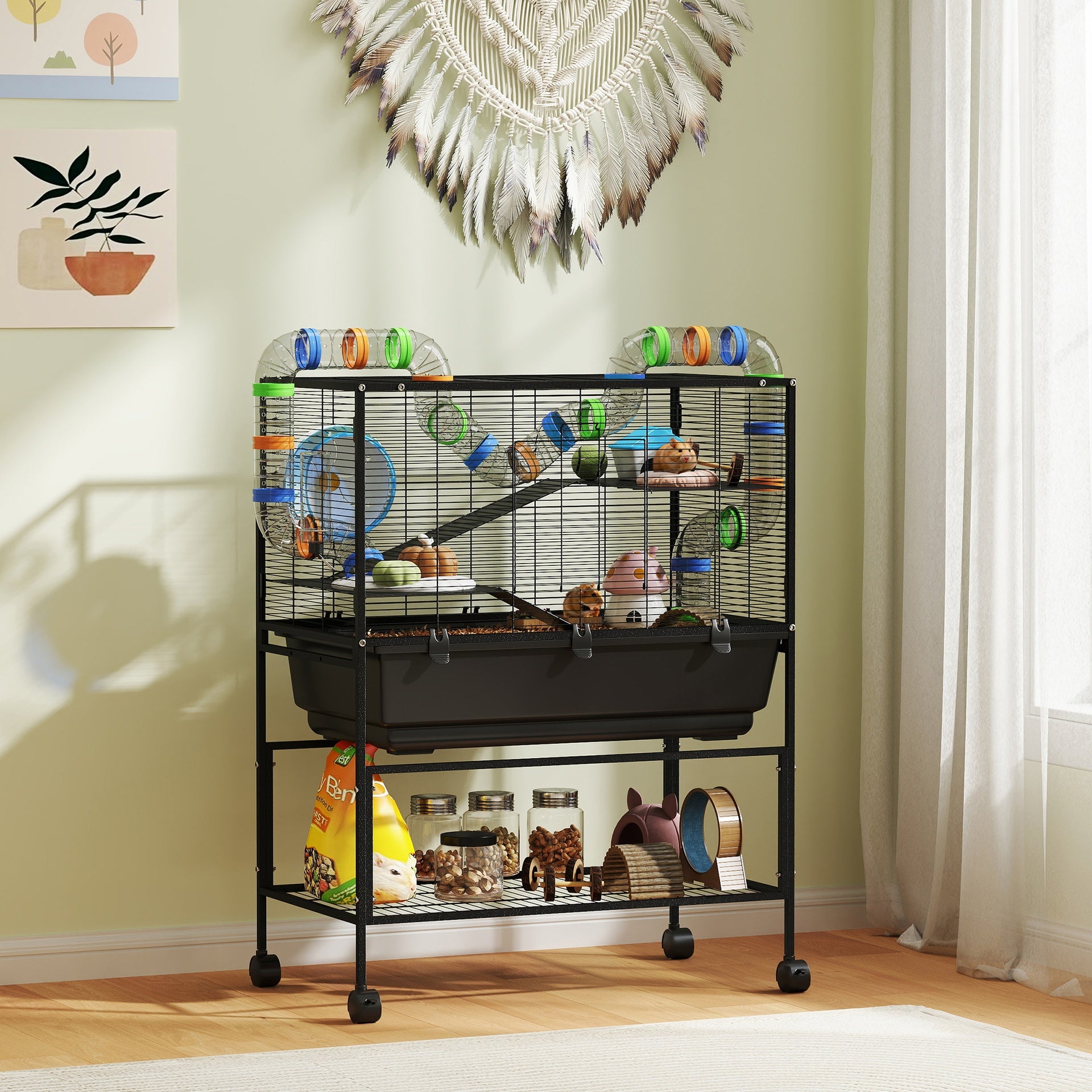 PawHut 3 Tier Hamster Cage, Rolling Rat Cage with Deep Tray, Storage Shelf, Big Exercise Wheel, Hut, Tube System