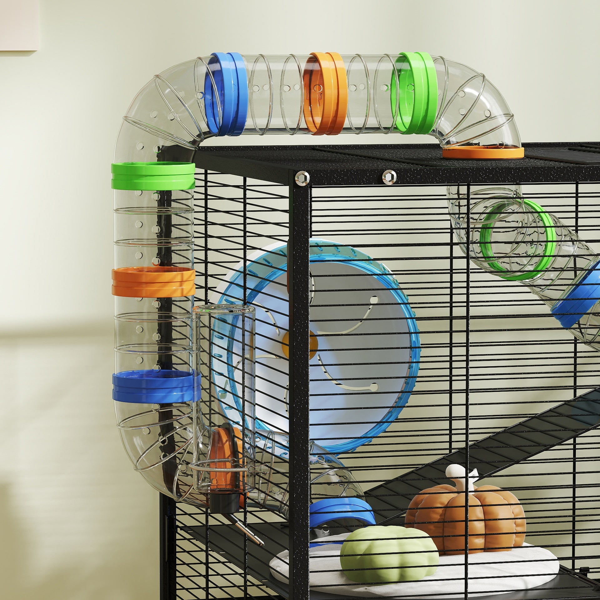 PawHut 3 Tier Hamster Cage, Rolling Rat Cage with Deep Tray, Storage Shelf, Big Exercise Wheel, Hut, Tube System
