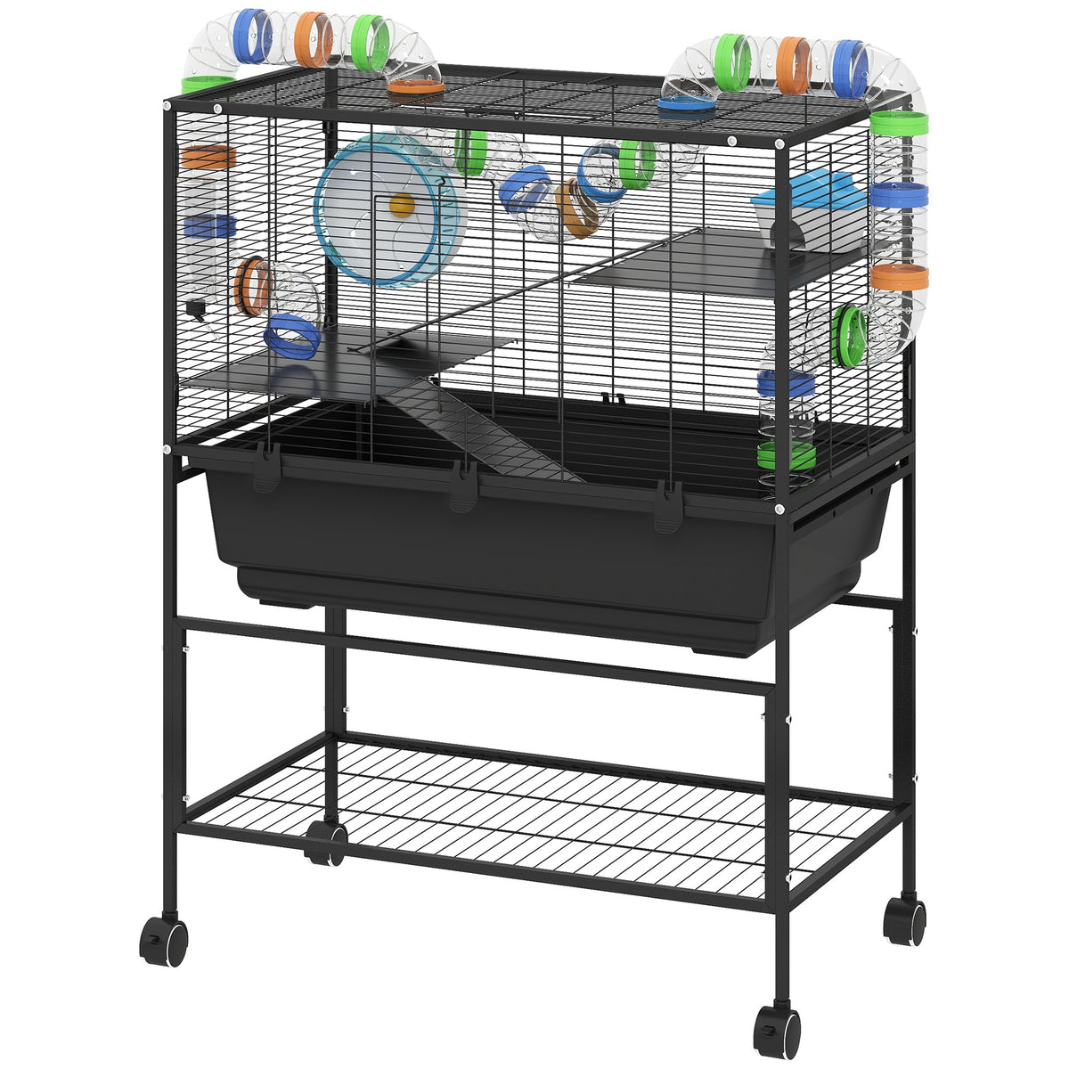 PawHut 3 Tier Hamster Cage, Rolling Rat Cage with Deep Tray, Storage Shelf, Big Exercise Wheel, Hut, Tube System