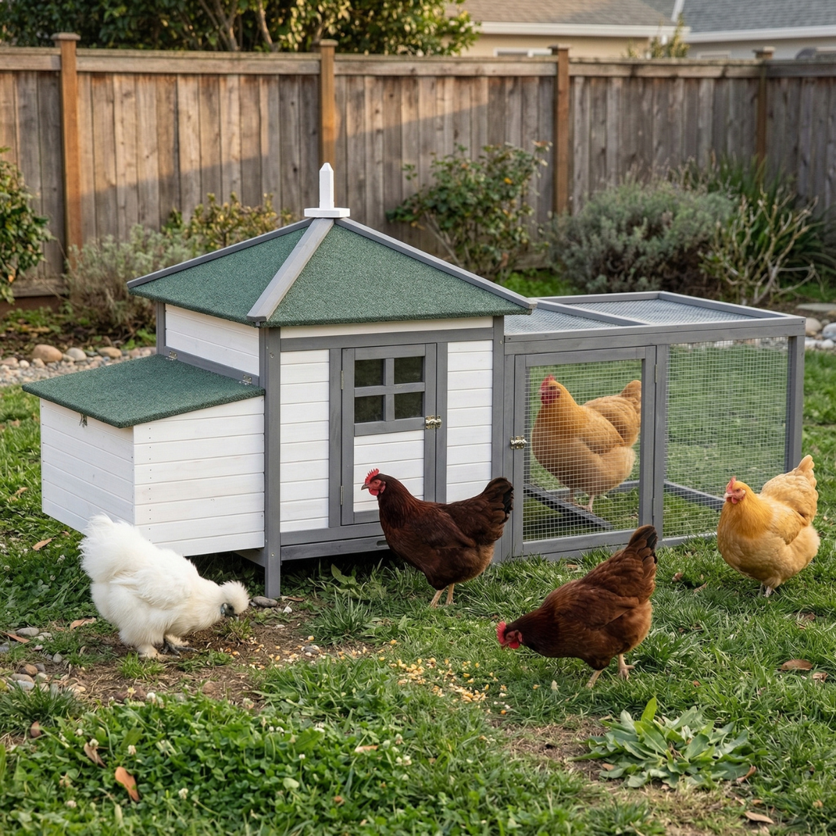 PawHut 77" Wooden Chicken Coop with Nesting Box, Cute Outdoor Hen House with Removable Tray, Ramp Run, for Garden Backyard, Gray