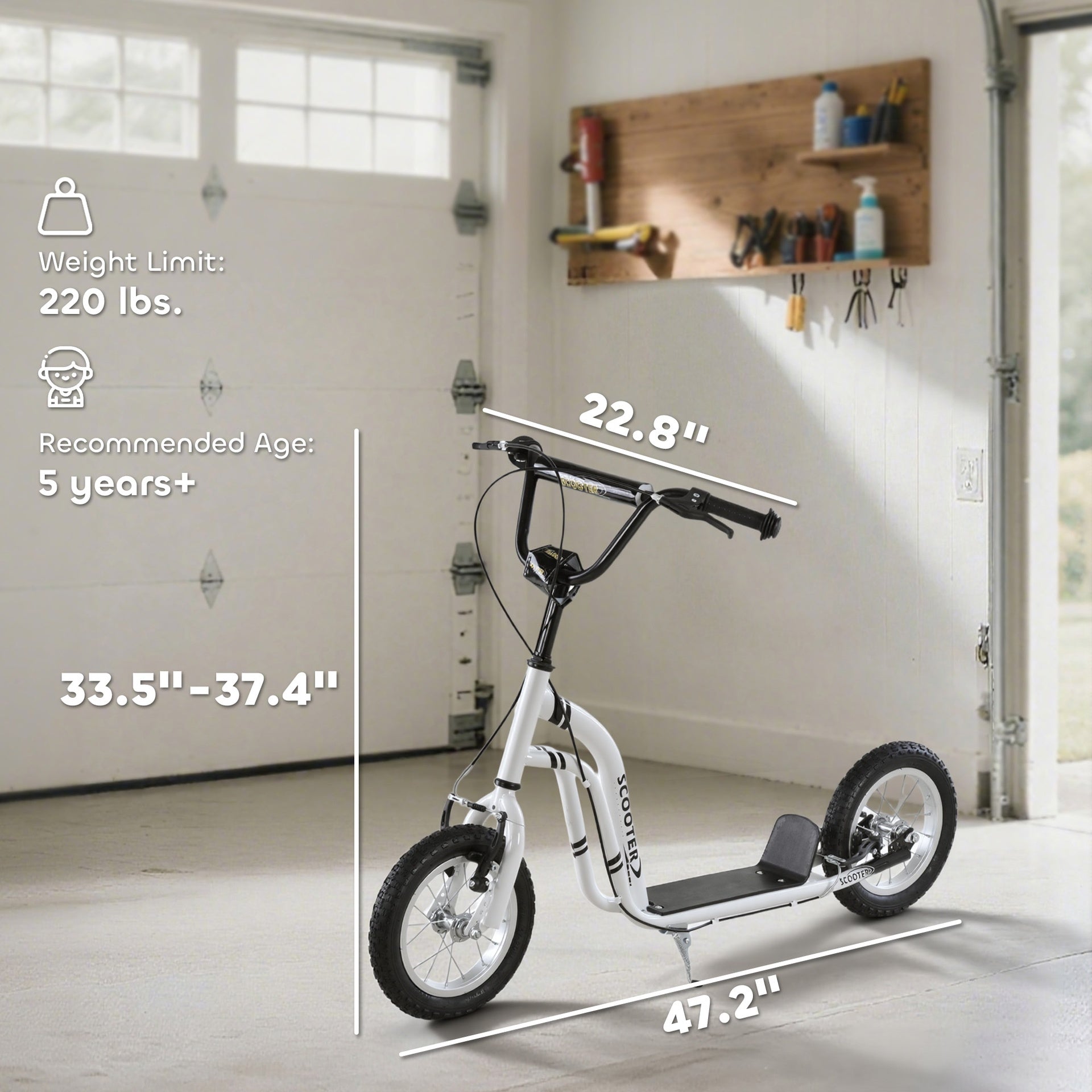 Aosom Youth Scooter Front and Rear Caliper Dual Brakes 12-Inch Inflatable Front Wheel Ride On Toy For Age 5+ - White
