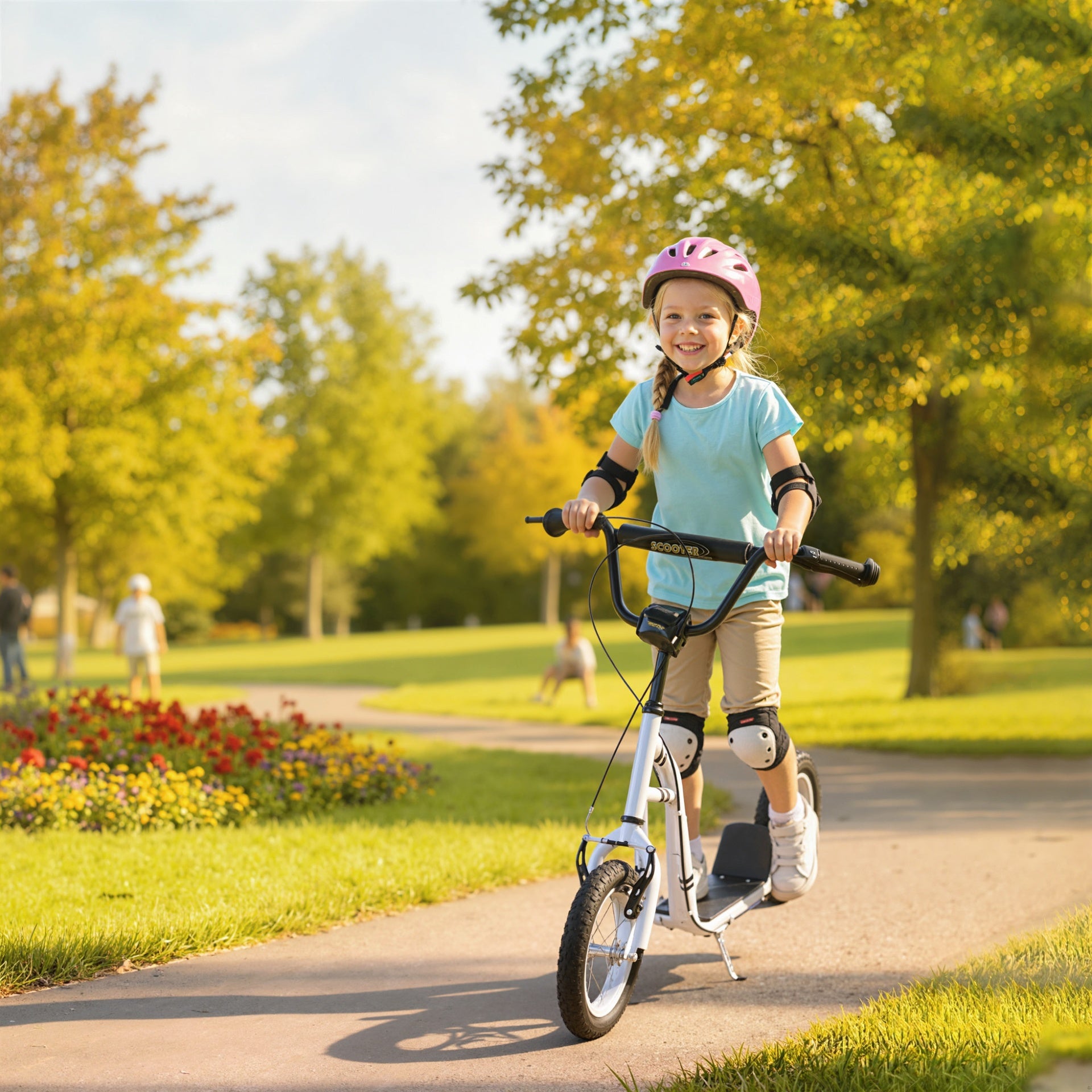 Aosom Youth Scooter Front and Rear Caliper Dual Brakes 12-Inch Inflatable Front Wheel Ride On Toy For Age 5+ - White