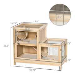 PawHut 2-Tier Wooden Hamster Cage, Small Animals Hutch, w/ Seesaw, Tray