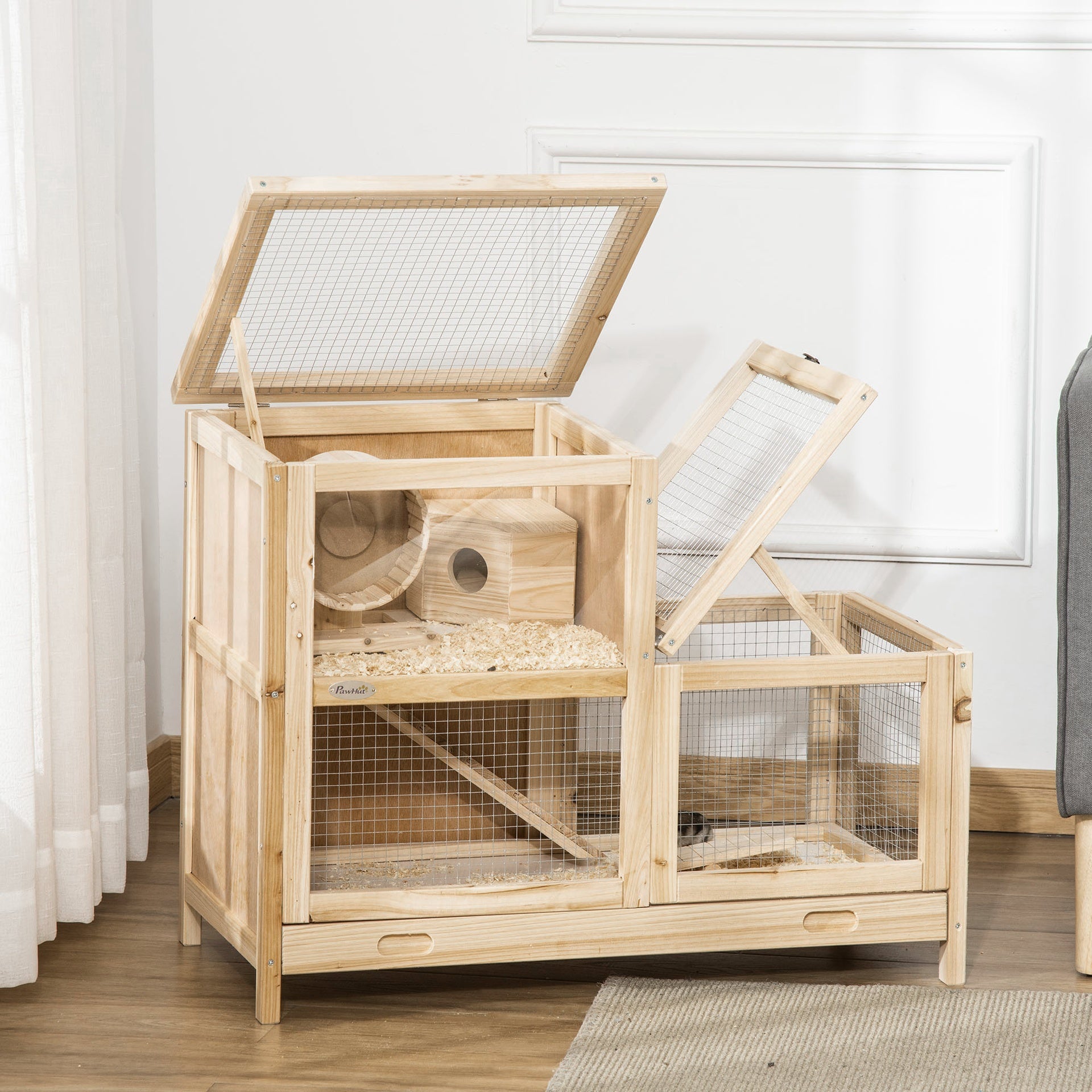 PawHut 2-Tier Wooden Hamster Cage, Small Animals Hutch, w/ Seesaw, Tray