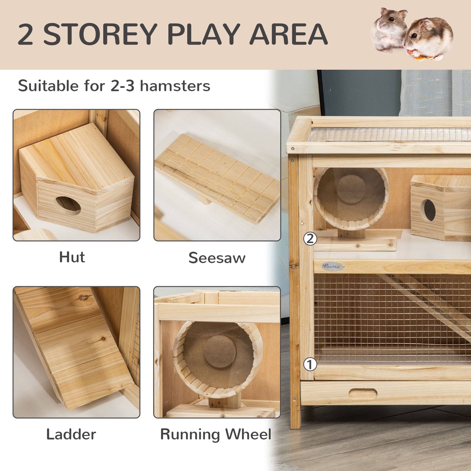 PawHut 2-Tier Wooden Hamster Cage, Small Animals Hutch, w/ Seesaw, Tray
