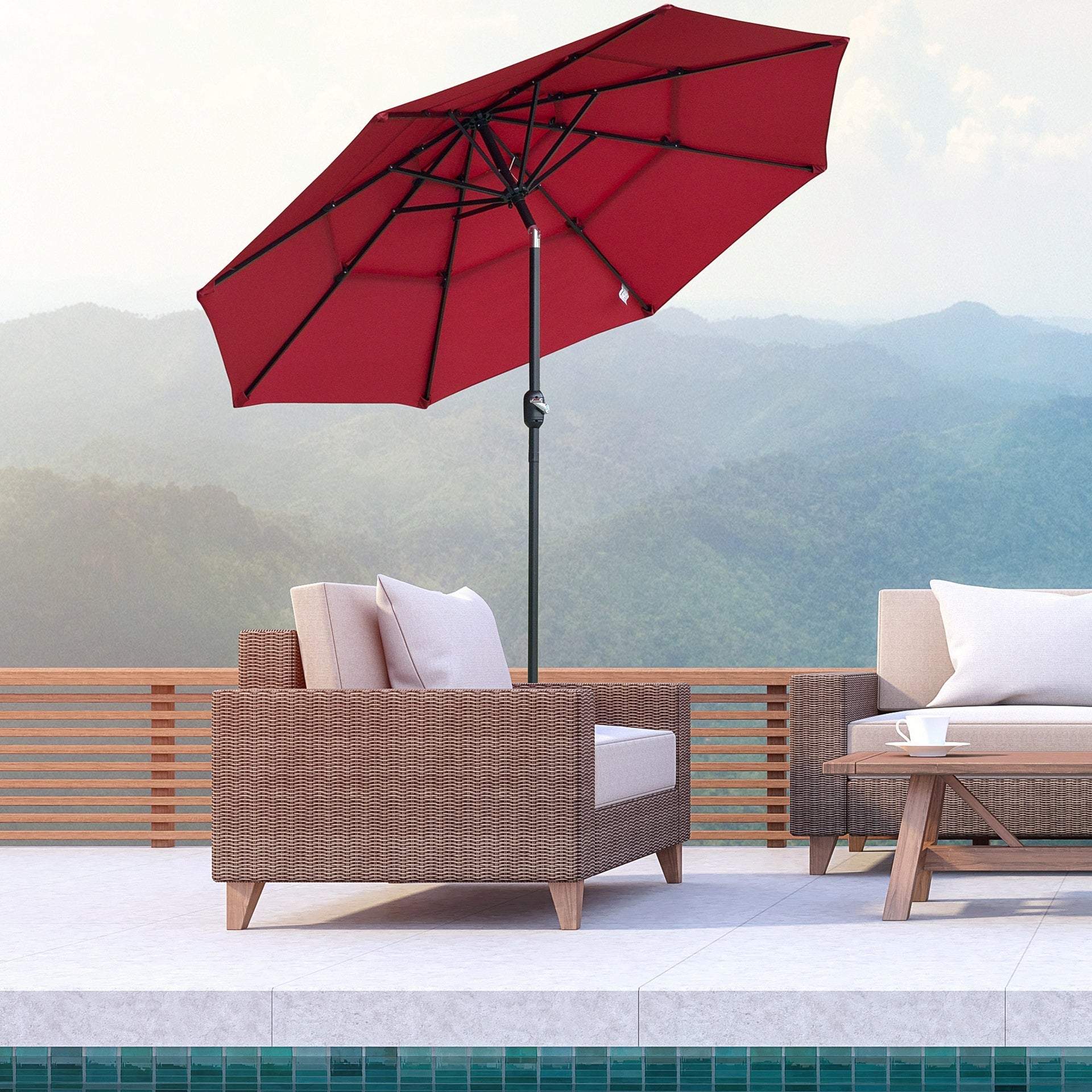 Outsunny 9FT 3 Tiers Patio Umbrella Outdoor Market Umbrella with Crank, Push Button Tilt for Deck, Backyard and Lawn, Wine Red