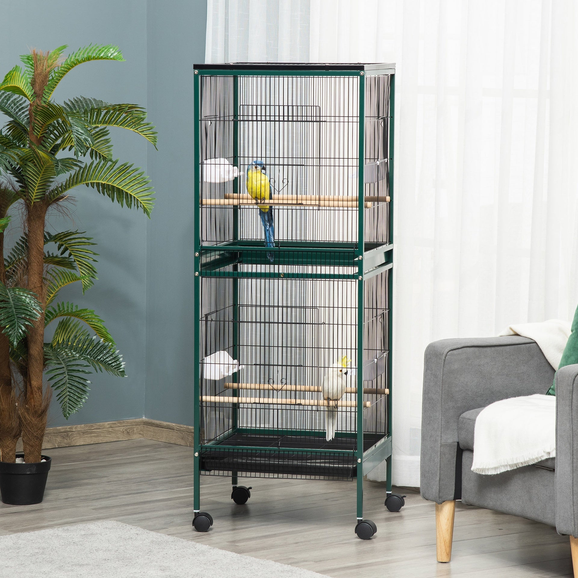 PawHut Large Bird Cage with 1.7 ft. Width for Wingspan, Bird Aviary Indoor with Multi-Door Design, Fit for a Canary, Finch, Conure, 55", Green