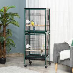 PawHut Large Bird Cage with 1.7 ft. Width for Wingspan, Bird Aviary Indoor with Multi-Door Design, Fit for a Canary, Finch, Conure, 55", Green