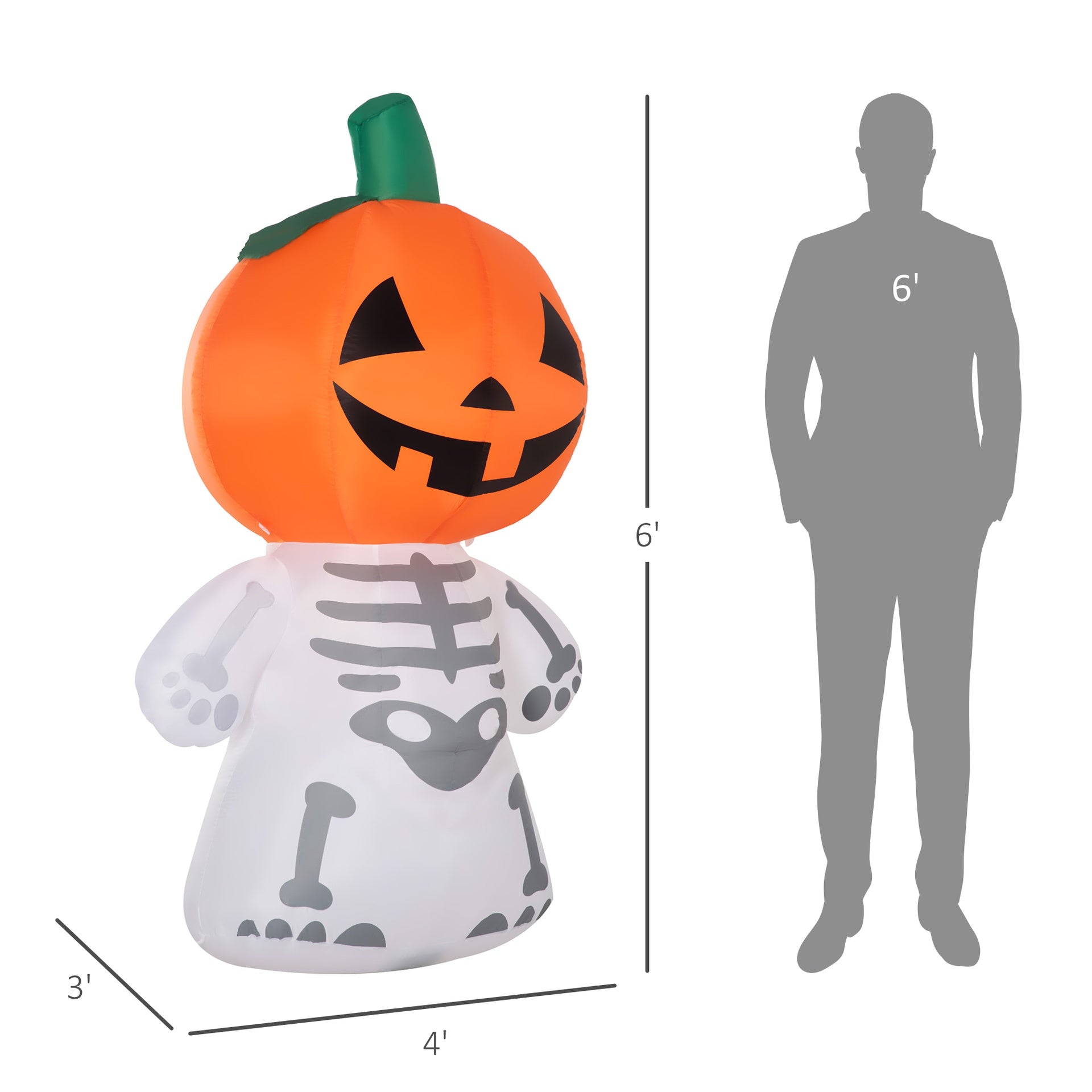 HOMCOM 6ft Halloween Inflatables Outdoor Decorations, Smiling Skeleton Ghost with Pumpkin Head, Blow Up LED Yard Decor for Garden, Lawn, Party, Holiday, Waterproof
