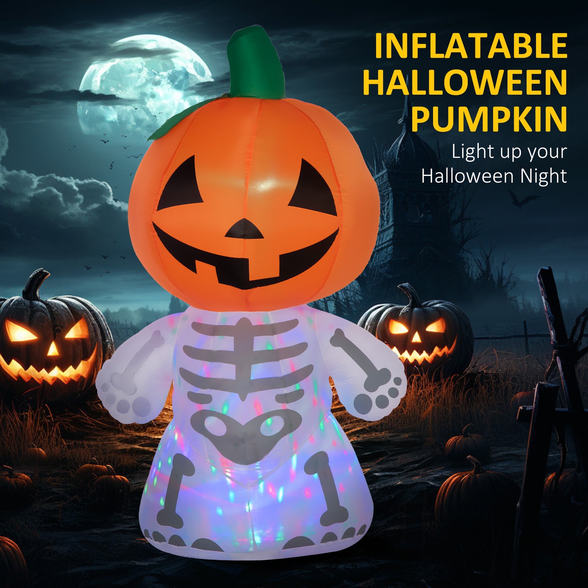 HOMCOM 6ft Halloween Inflatables Outdoor Decorations, Smiling Skeleton Ghost with Pumpkin Head, Blow Up LED Yard Decor for Garden, Lawn, Party, Holiday, Waterproof