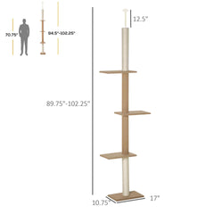 PawHut Floor-to-Ceiling Cat Tree Climbing Tower with Sisal-Covered Scratching Posts Natural Cat Tree Activity Center for Kittens Tower Furniture, Light brown