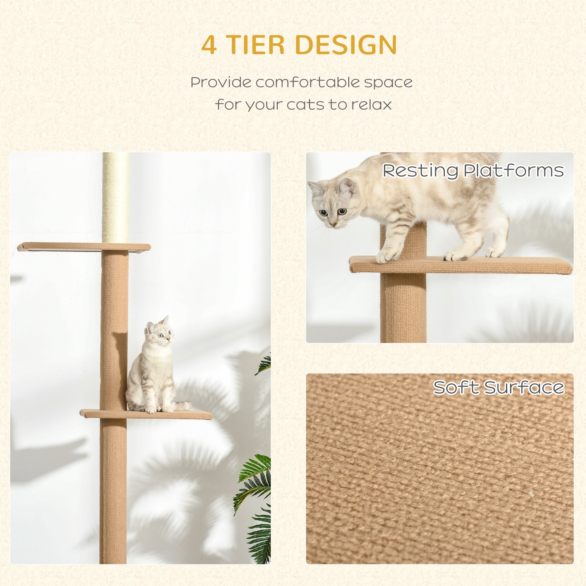 PawHut Floor-to-Ceiling Cat Tree Climbing Tower with Sisal-Covered Scratching Posts Natural Cat Tree Activity Center for Kittens Tower Furniture, Light brown