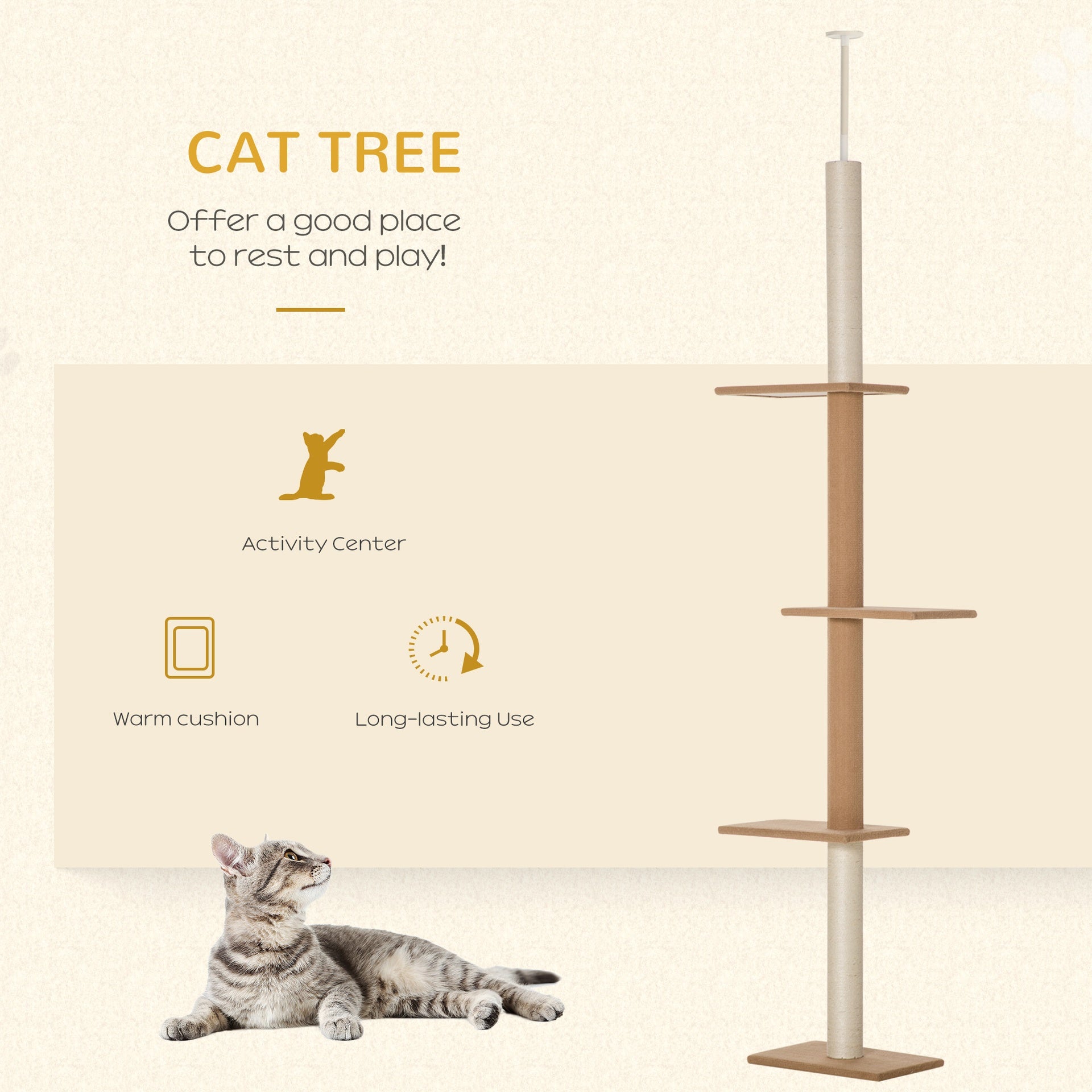 PawHut Floor-to-Ceiling Cat Tree Climbing Tower with Sisal-Covered Scratching Posts Natural Cat Tree Activity Center for Kittens Tower Furniture, Light brown