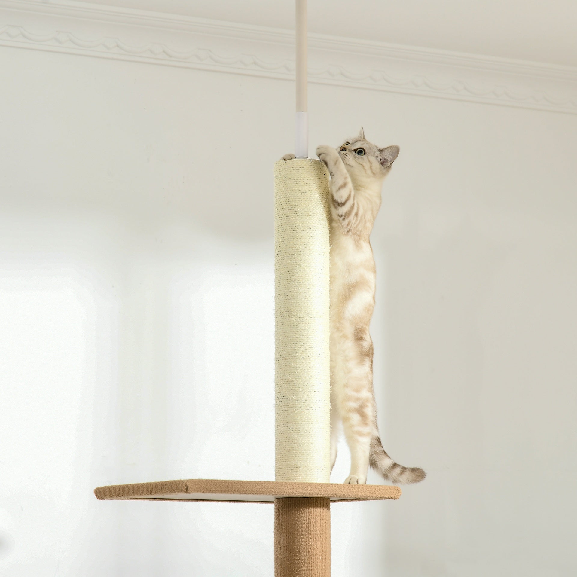 PawHut Floor-to-Ceiling Cat Tree Climbing Tower with Sisal-Covered Scratching Posts Natural Cat Tree Activity Center for Kittens Tower Furniture, Light brown