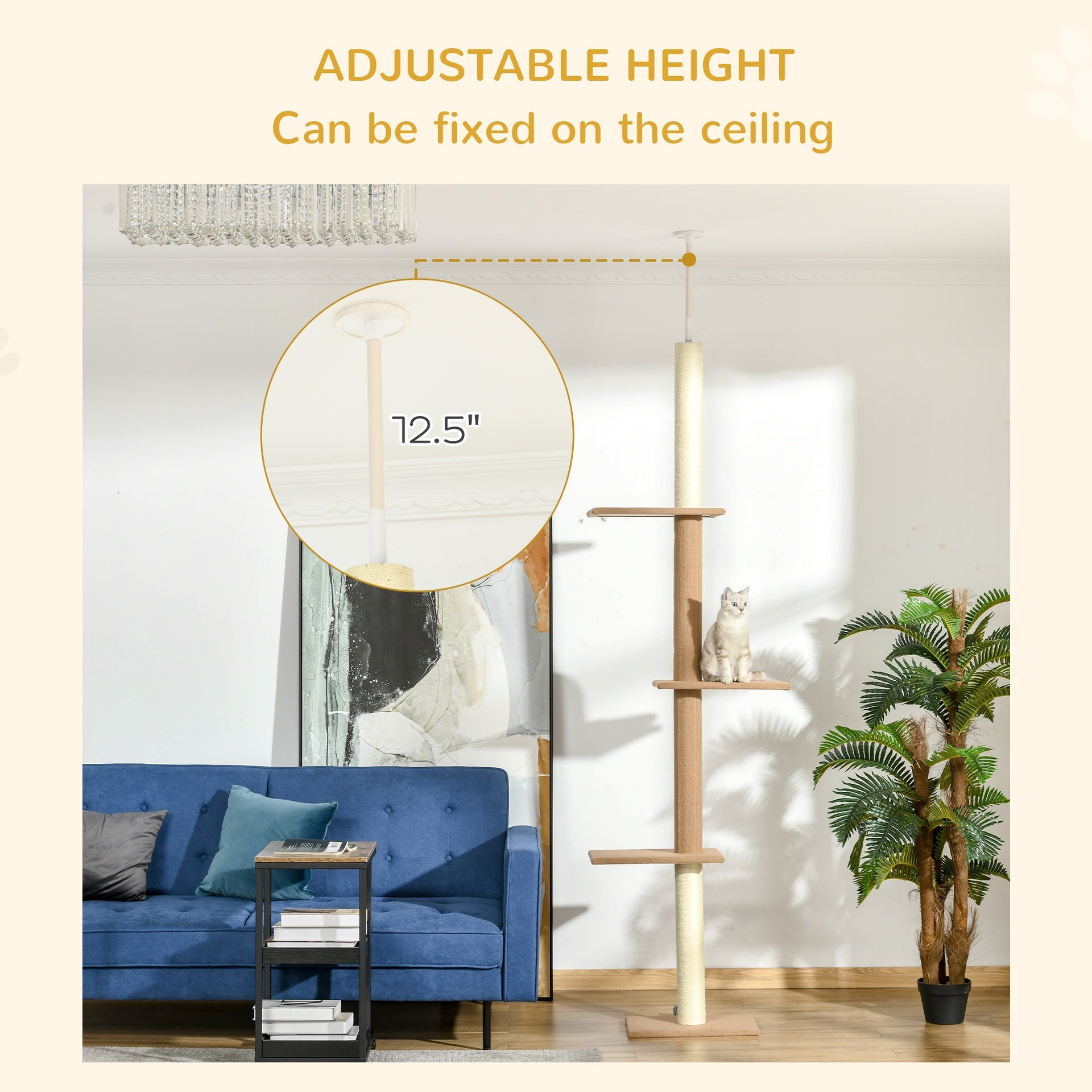 PawHut Floor-to-Ceiling Cat Tree Climbing Tower with Sisal-Covered Scratching Posts Natural Cat Tree Activity Center for Kittens Tower Furniture, Light brown