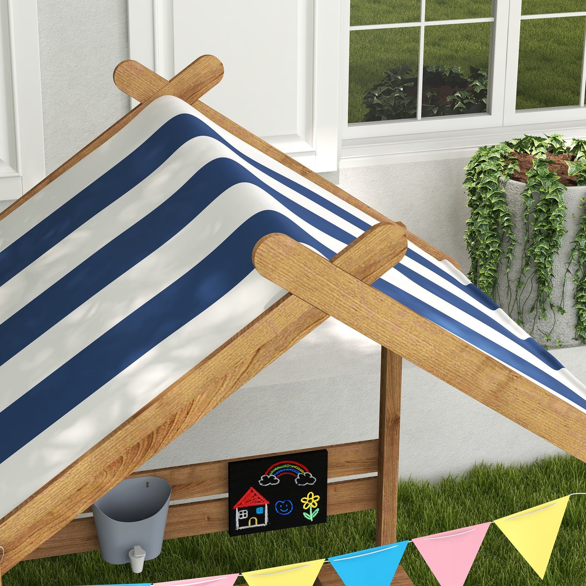 Outsunny Wooden Sandbox with Canopy, House Design for 3-7 Years Old, Brown