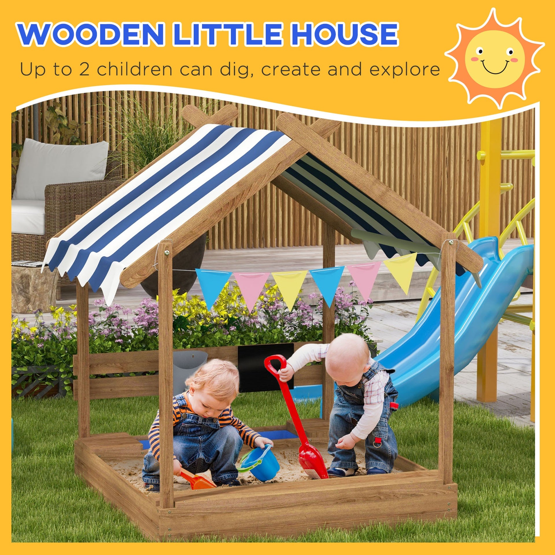 Outsunny Wooden Sandbox with Canopy, House Design for 3-7 Years Old, Brown