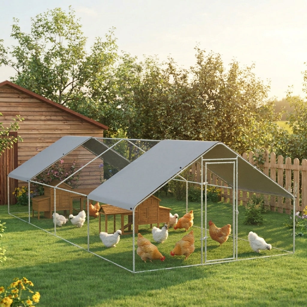 PawHut Large Chicken Coop Metal Chicken Run for Chickens with Waterproof and Anti-UV Cover, Spire Shaped Walk in Fence Cage Hen House for Outdoor and Yard Farm Use, 1.3" Dia, 9.8' x 26.2' x 6.4'
