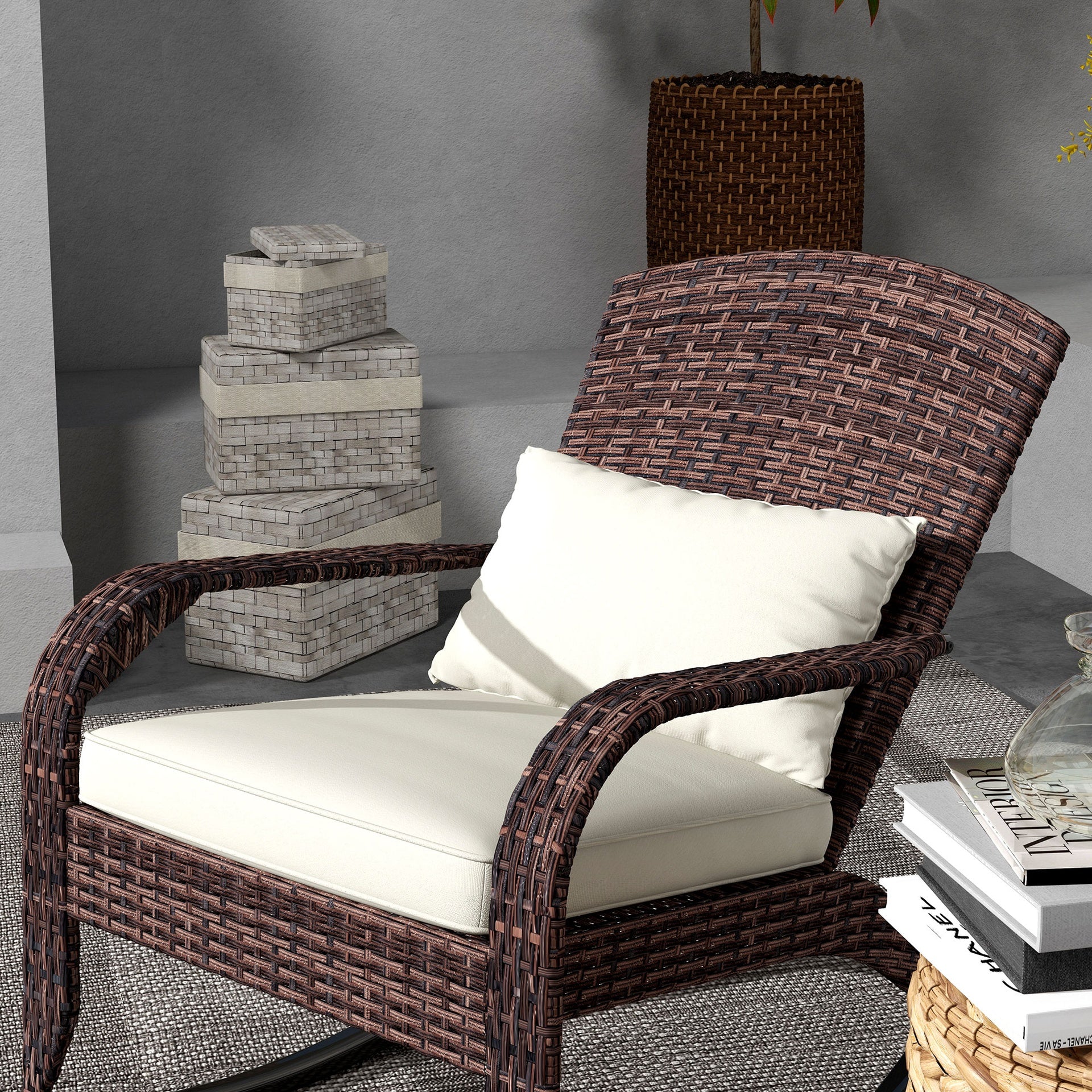 Outsunny Adirondack Chair, Outdoor Wicker Rocking Chair with High Back, Seat Cushion, and Pillow for Porch, Balcony, Cream White