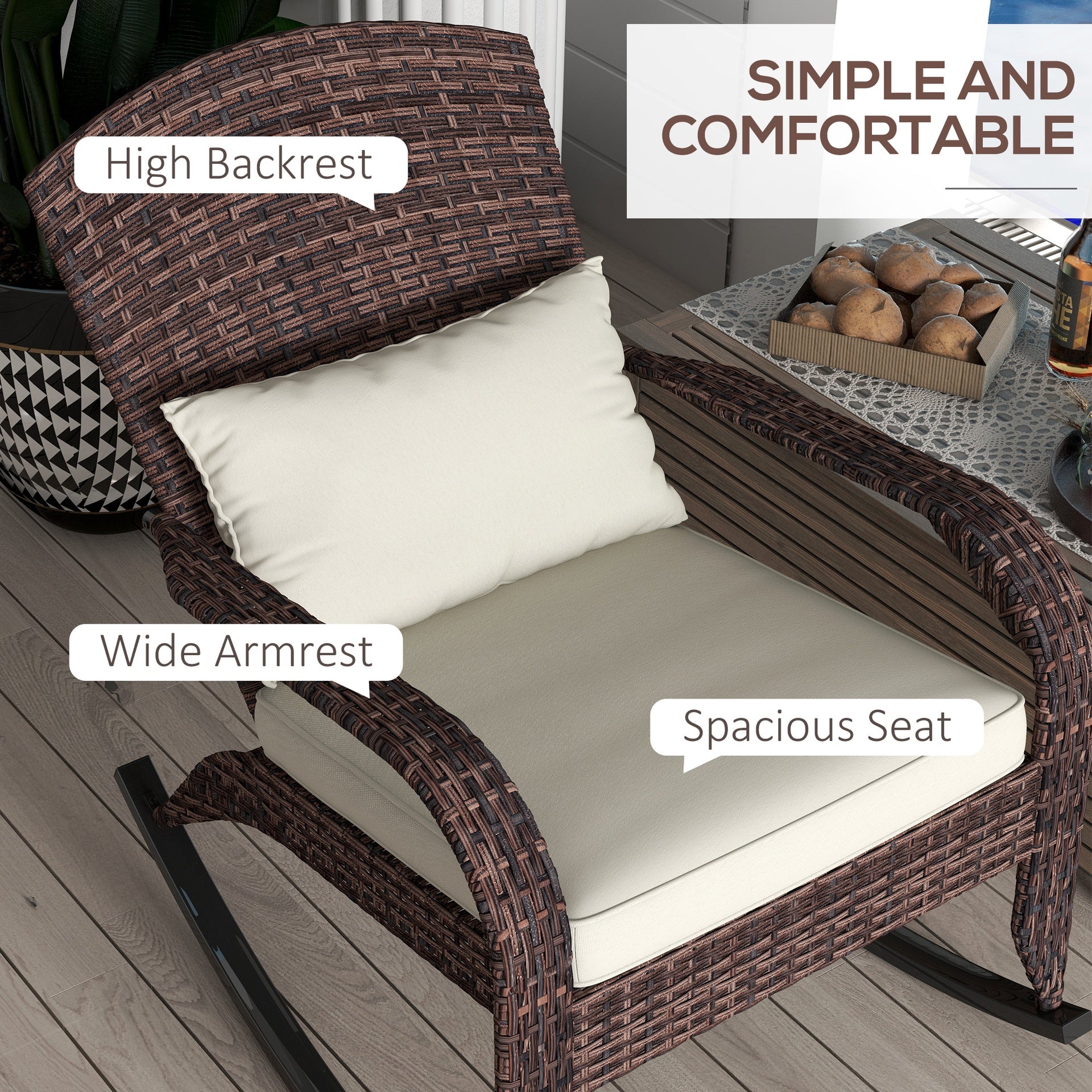 Outsunny Adirondack Chair, Outdoor Wicker Rocking Chair with High Back, Seat Cushion, and Pillow for Porch, Balcony, Cream White