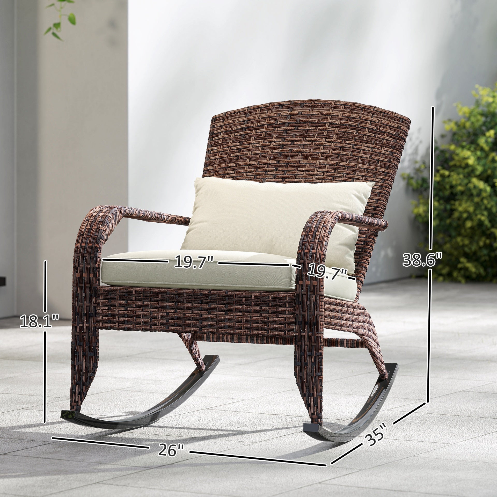 Outsunny Adirondack Chair, Outdoor Wicker Rocking Chair with High Back, Seat Cushion, and Pillow for Porch, Balcony, Cream White