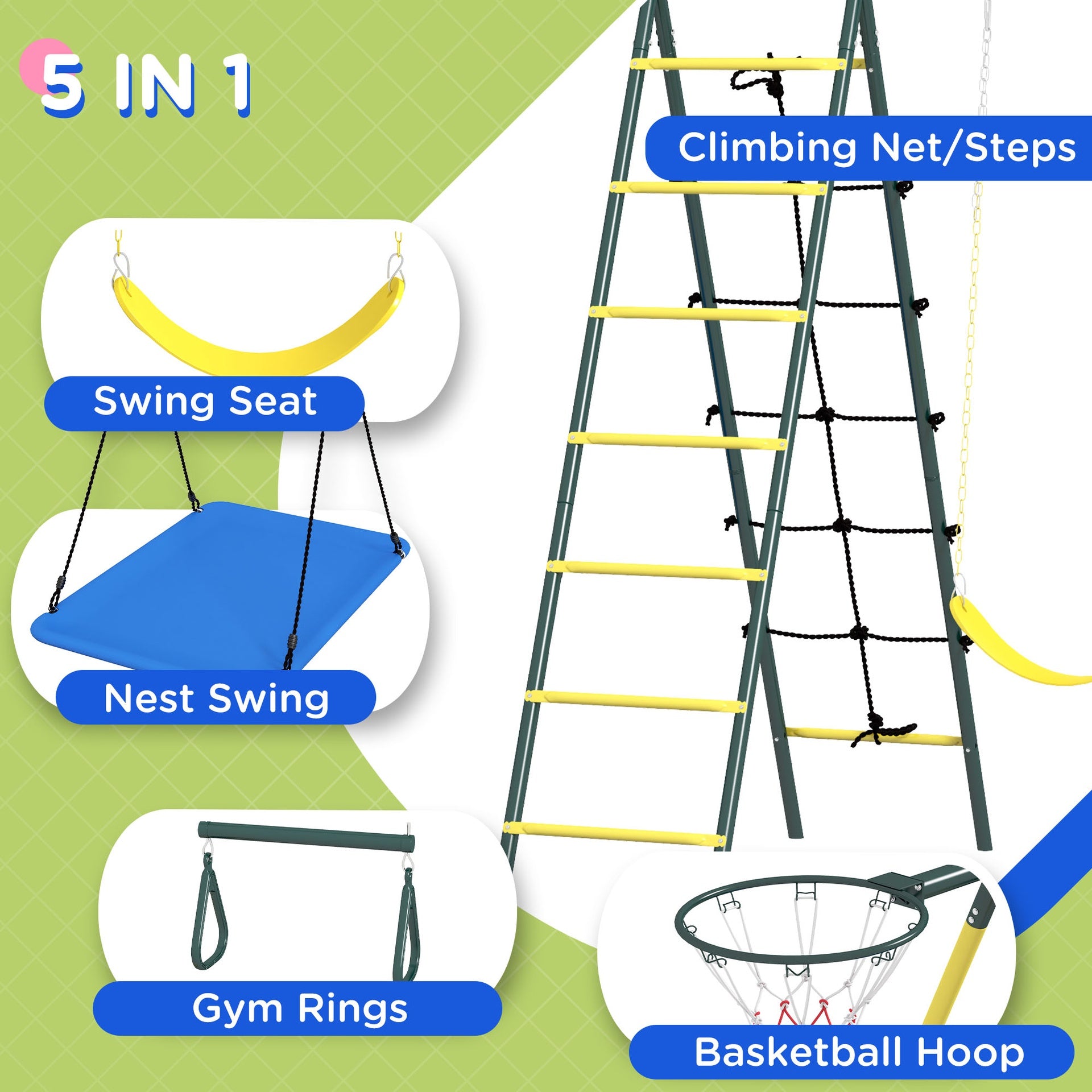 Outsunny Metal Swing Set for Backyard 5 in 1 Design Holds up to 440 lbs. for Ages 3-8, Yellow