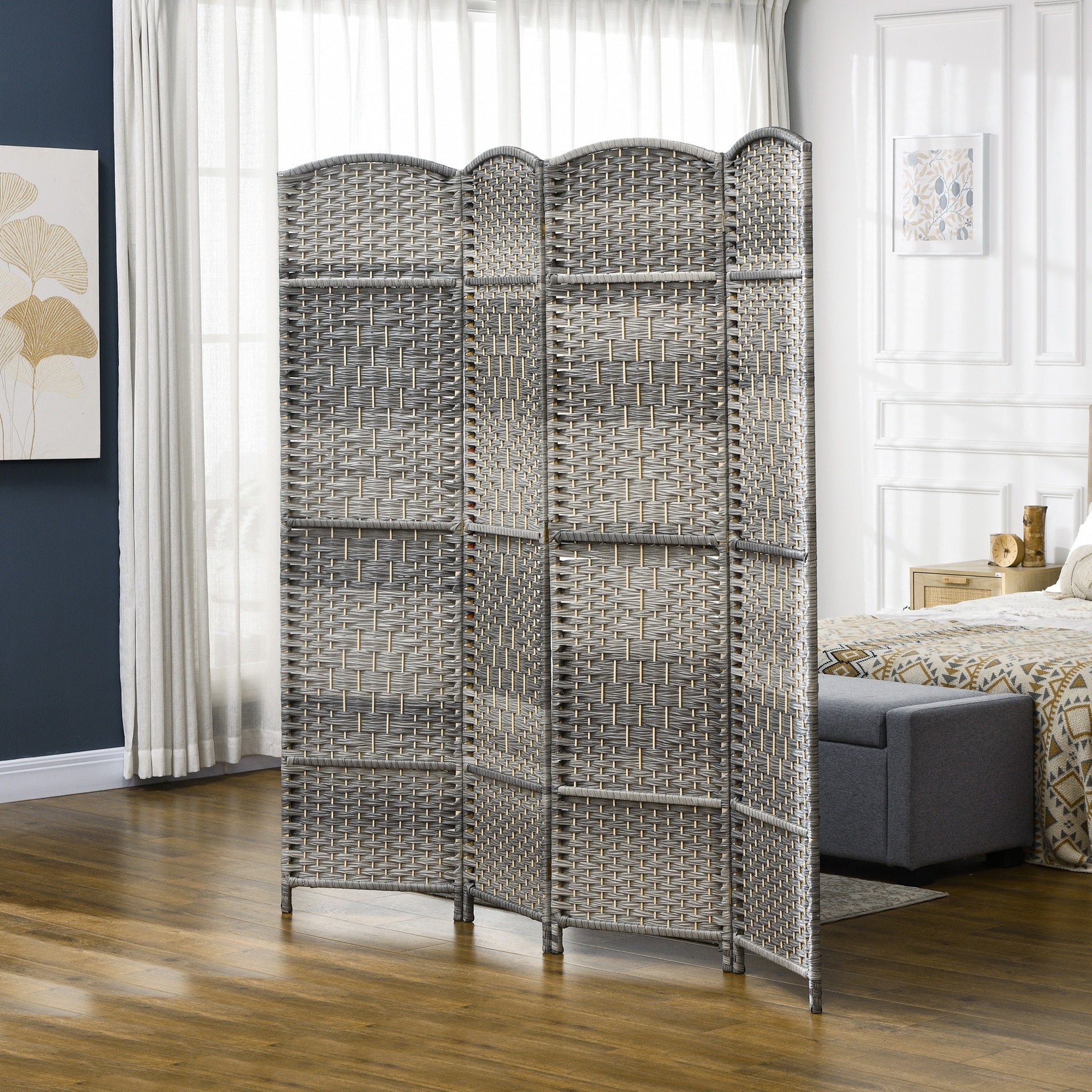 HOMCOM Folding Room Divider Screen 4 Panel 6' Tall Privacy Screen Freestanding Wood Partition for Home Office, Mixed Gray
