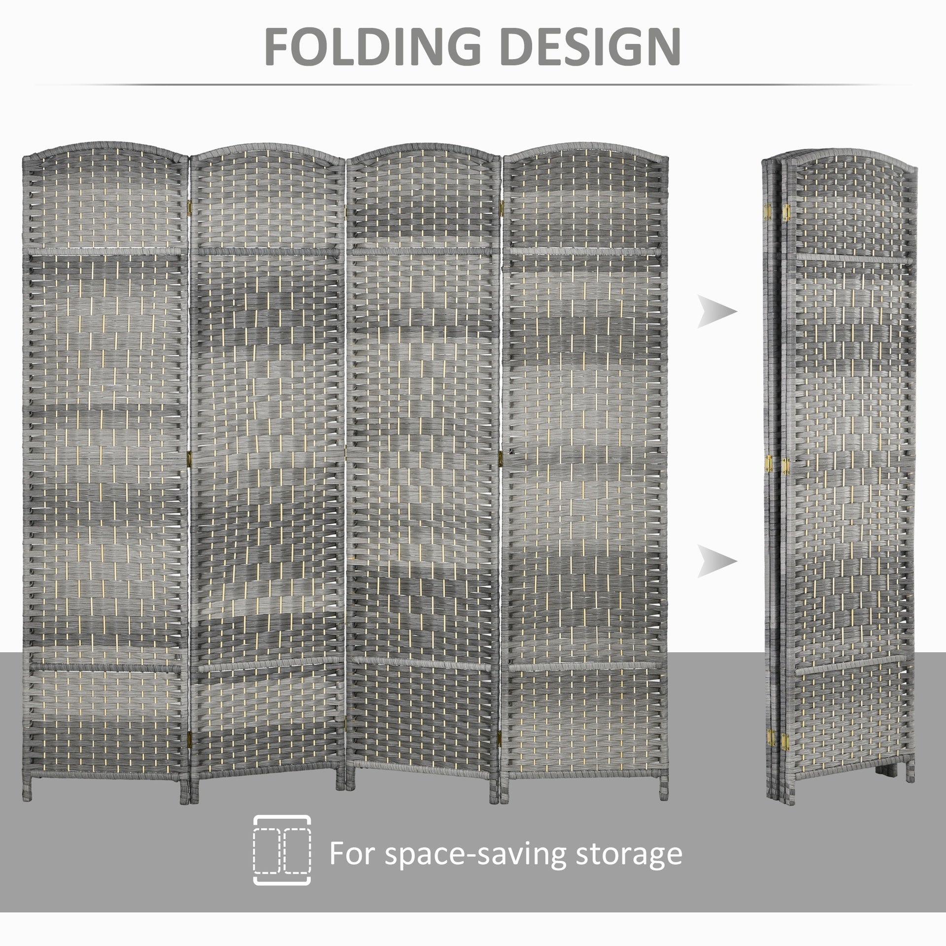 HOMCOM Folding Room Divider Screen 4 Panel 6' Tall Privacy Screen Freestanding Wood Partition for Home Office, Mixed Gray