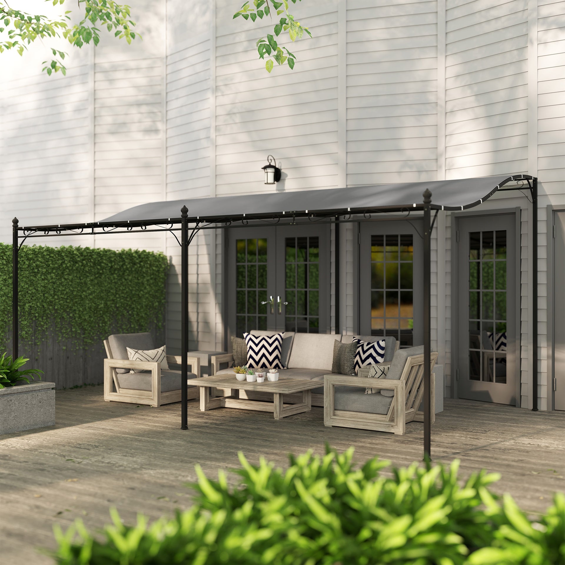 Outsunny 10' x 16' Wall-Mounted Outdoor Pergola Canopy, Metal Patio Canopy with Drainage Holes for Backyard Garden, Dark Gray