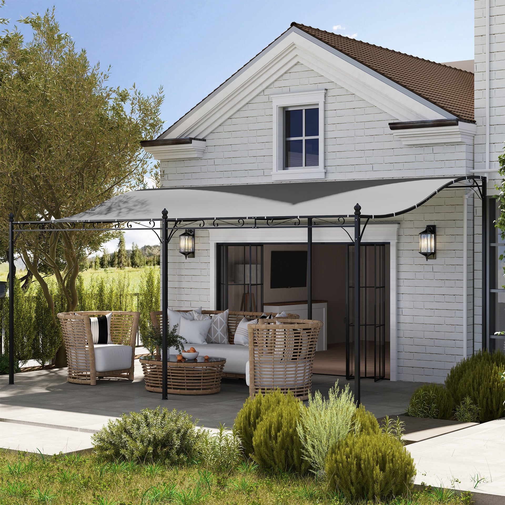 Outsunny 10' x 16' Wall-Mounted Outdoor Pergola Canopy, Metal Patio Canopy with Drainage Holes for Backyard Garden, Dark Gray