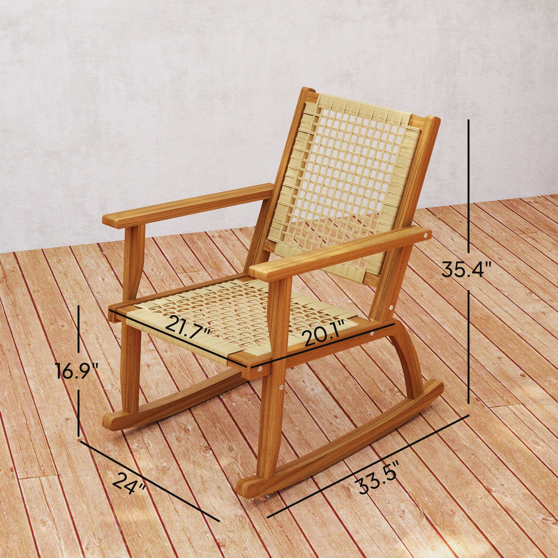 Outsunny Outdoor Lawn Rocking Chair Set of 2, Acacia Wood Patio Rocking Chairs with Wicker Back and Seat for Garden, Khaki