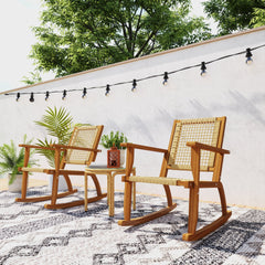 Outsunny Outdoor Lawn Rocking Chair Set of 2, Acacia Wood Patio Rocking Chairs with Wicker Back and Seat for Garden, Khaki
