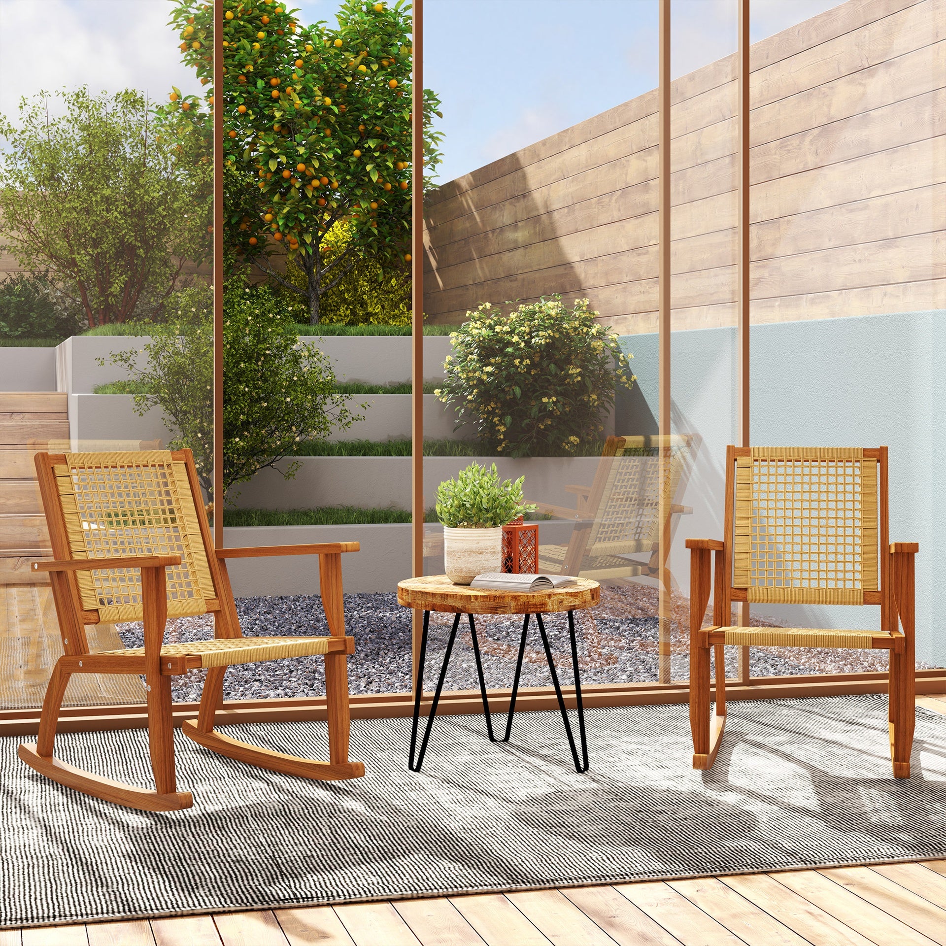 Outsunny Outdoor Lawn Rocking Chair Set of 2, Acacia Wood Patio Rocking Chairs with Wicker Back and Seat for Garden, Khaki