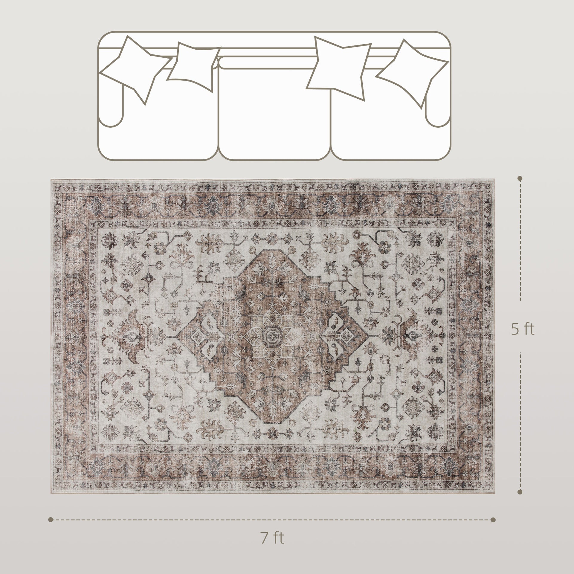 HOMCOM 5x7 Area Rug, Vintage Machine Washable Rug, Non-Slip Floor Carpet for Living Room, Bedroom, Dining Room, Tan