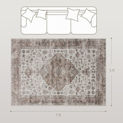 HOMCOM 5x7 Area Rug, Vintage Machine Washable Rug, Non-Slip Floor Carpet for Living Room, Bedroom, Dining Room, Tan