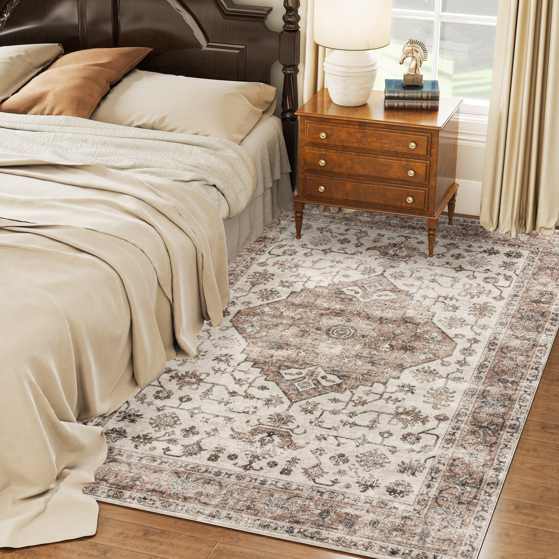 HOMCOM 5x7 Area Rug, Vintage Machine Washable Rug, Non-Slip Floor Carpet for Living Room, Bedroom, Dining Room, Tan