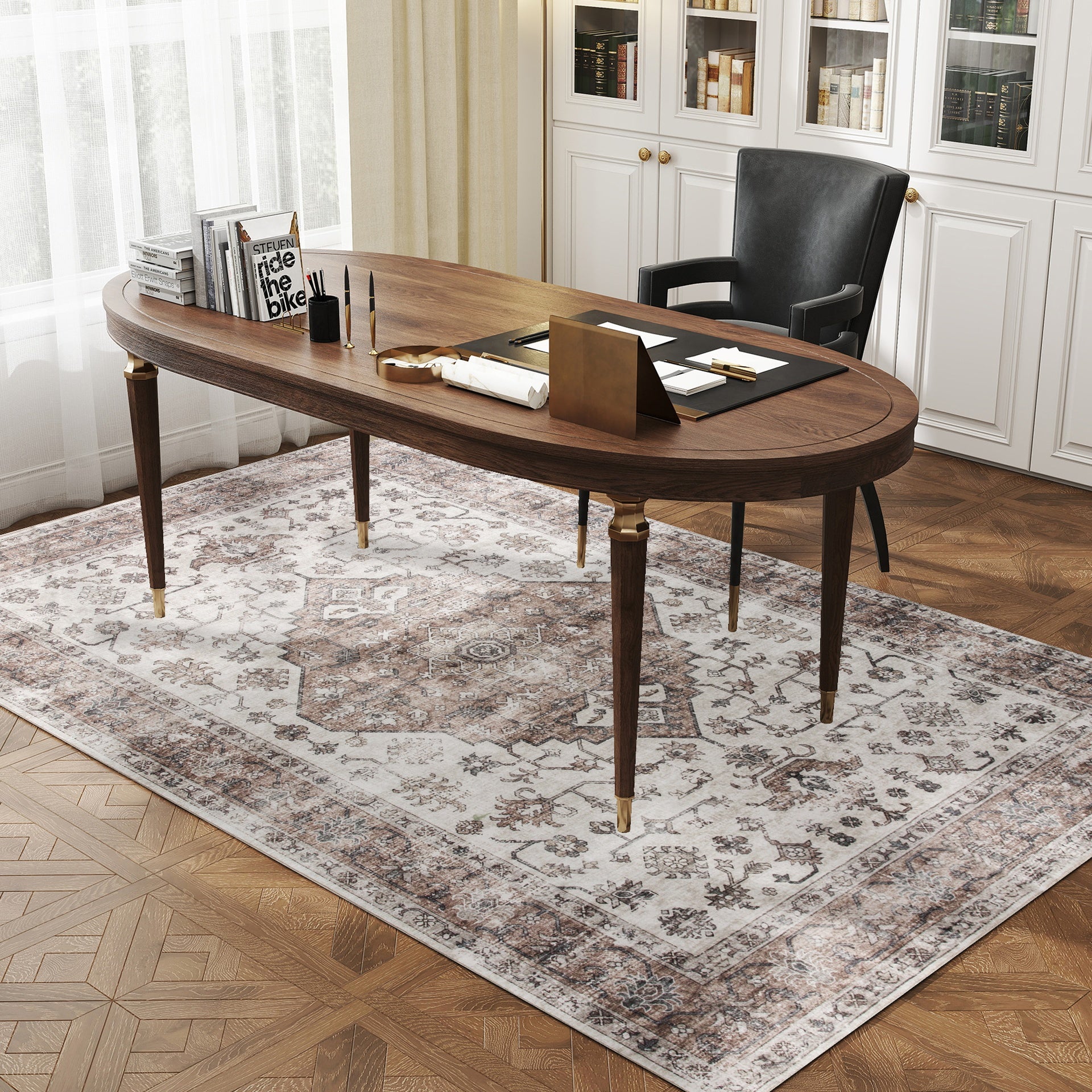 HOMCOM 5x7 Area Rug, Vintage Machine Washable Rug, Non-Slip Floor Carpet for Living Room, Bedroom, Dining Room, Tan