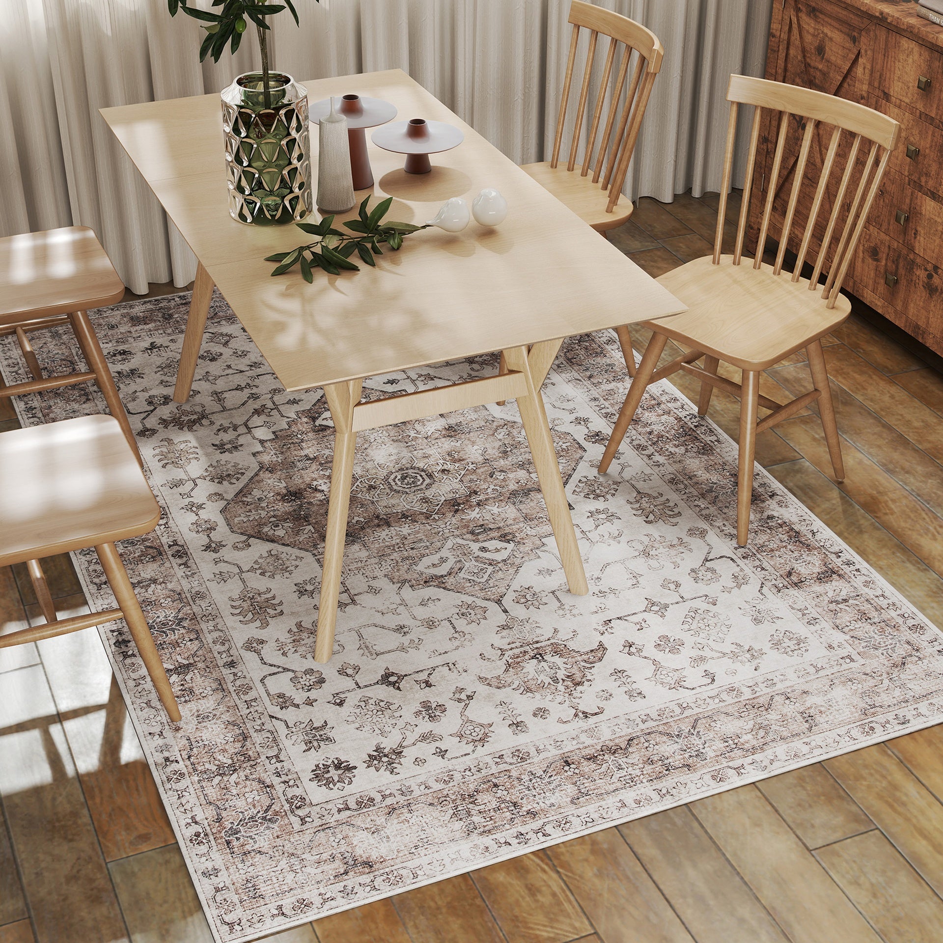 HOMCOM 5x7 Area Rug, Vintage Machine Washable Rug, Non-Slip Floor Carpet for Living Room, Bedroom, Dining Room, Tan