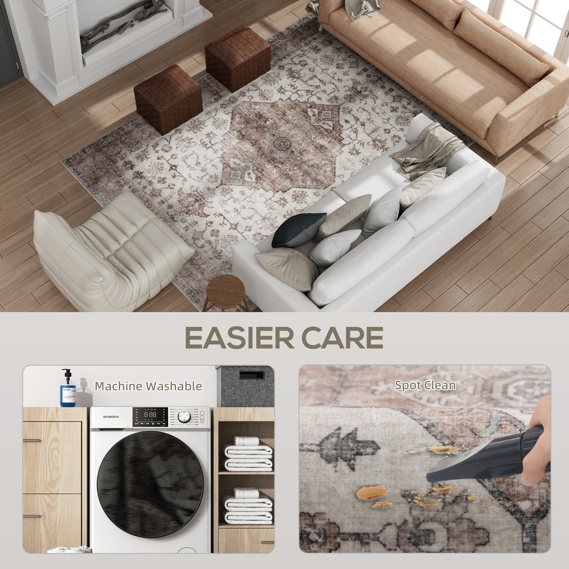 HOMCOM 5x7 Area Rug, Vintage Machine Washable Rug, Non-Slip Floor Carpet for Living Room, Bedroom, Dining Room, Tan