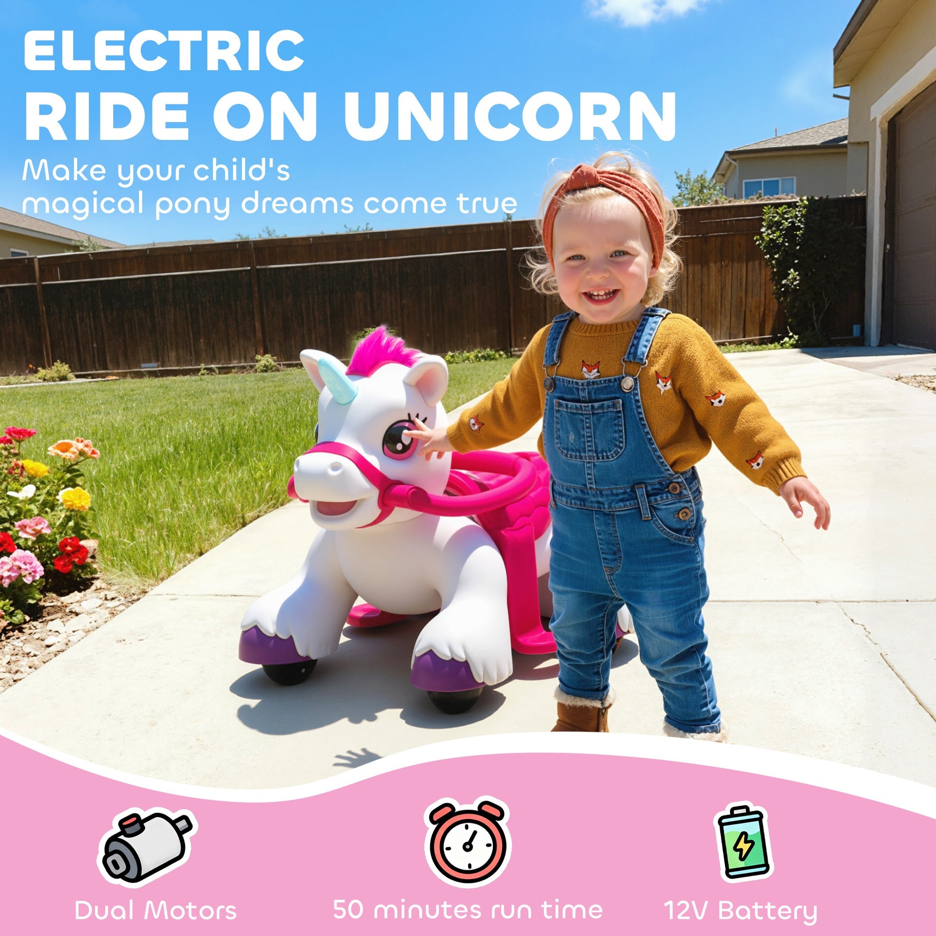 Qaba 12V Unicorn Ride on Horse with Carrot Toy, Comb, Animal Sounds, for Girls Boys Aged 1.5-3 Years Old