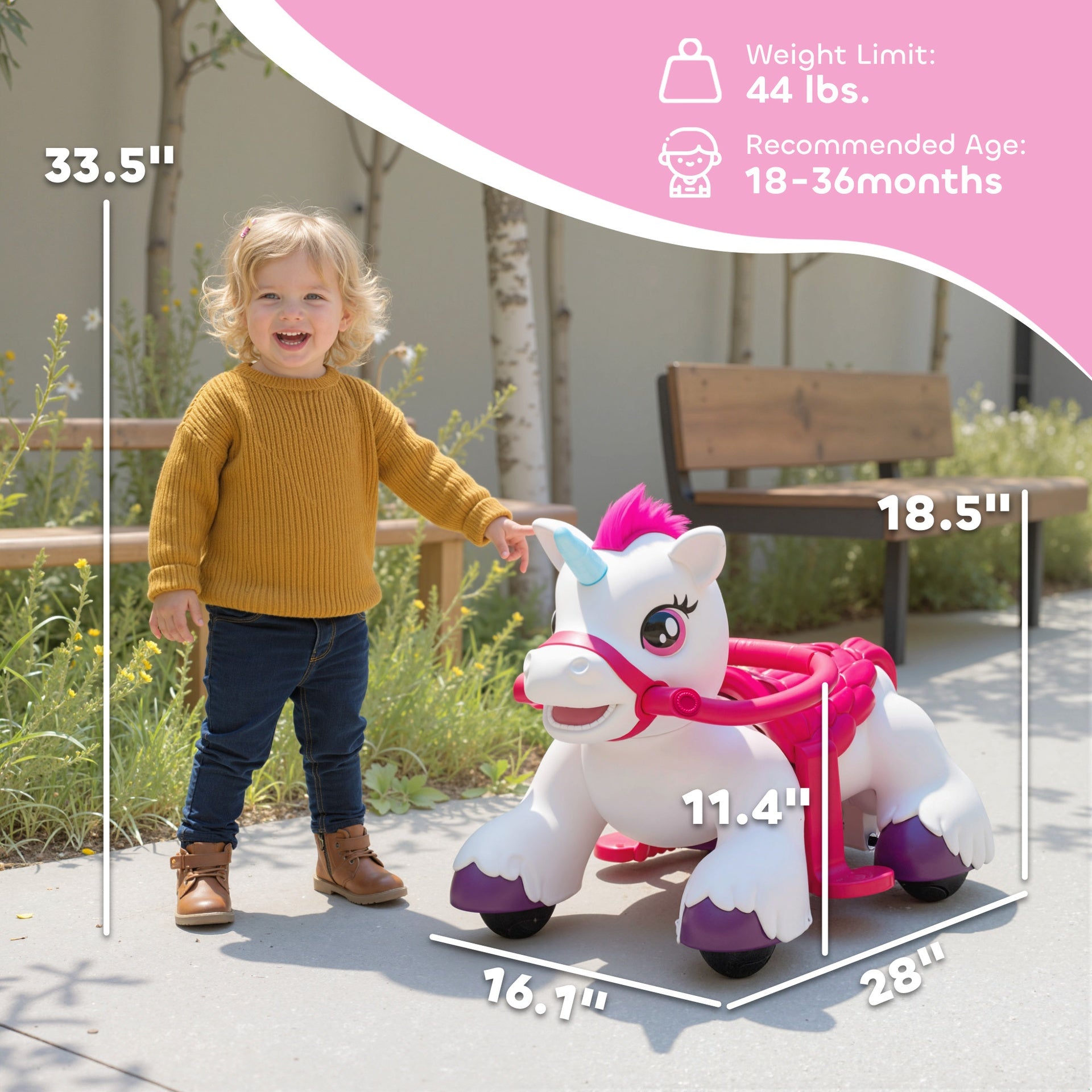 Qaba 12V Unicorn Ride on Horse with Carrot Toy, Comb, Animal Sounds, for Girls Boys Aged 1.5-3 Years Old