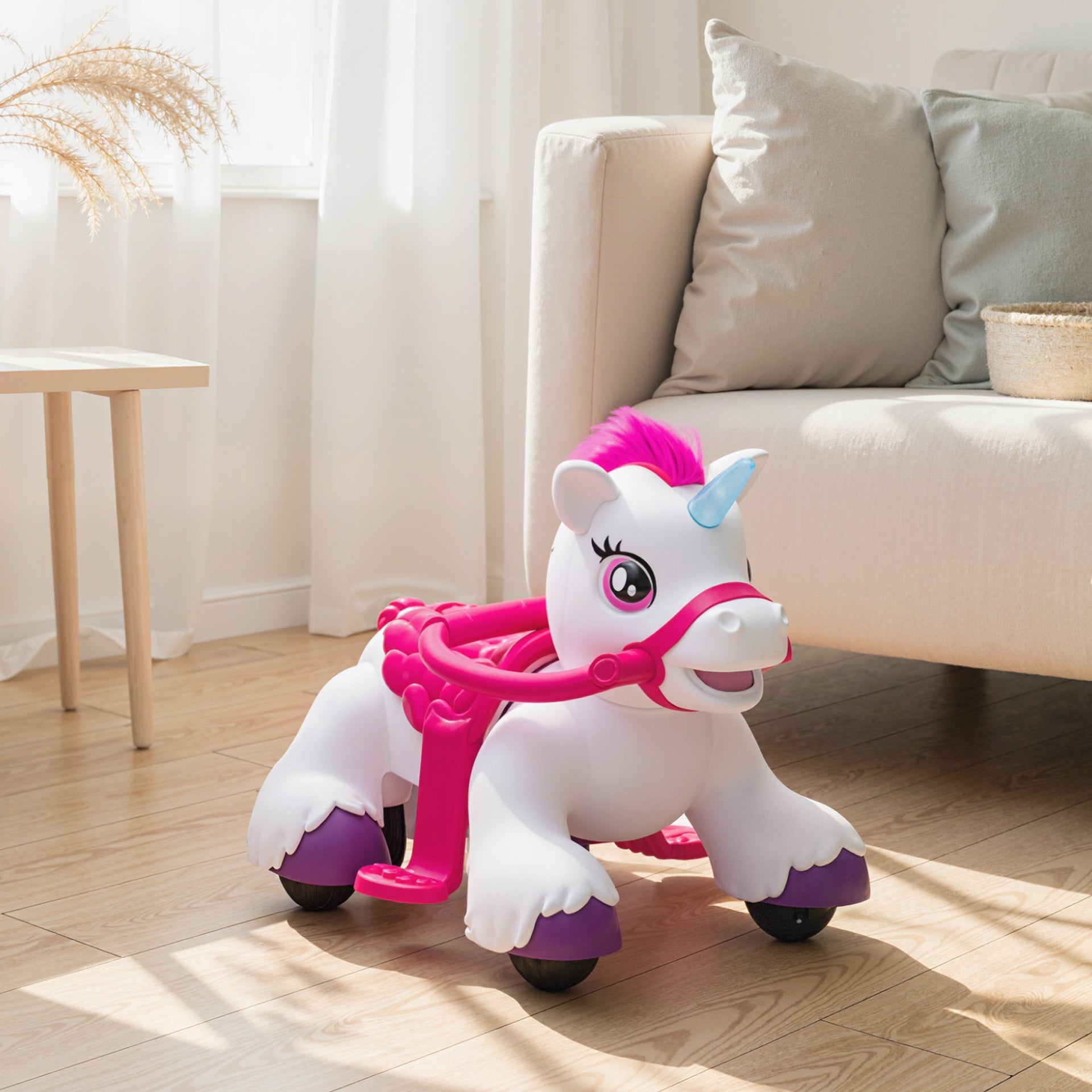 Qaba 12V Unicorn Ride on Horse with Carrot Toy, Comb, Animal Sounds, for Girls Boys Aged 1.5-3 Years Old