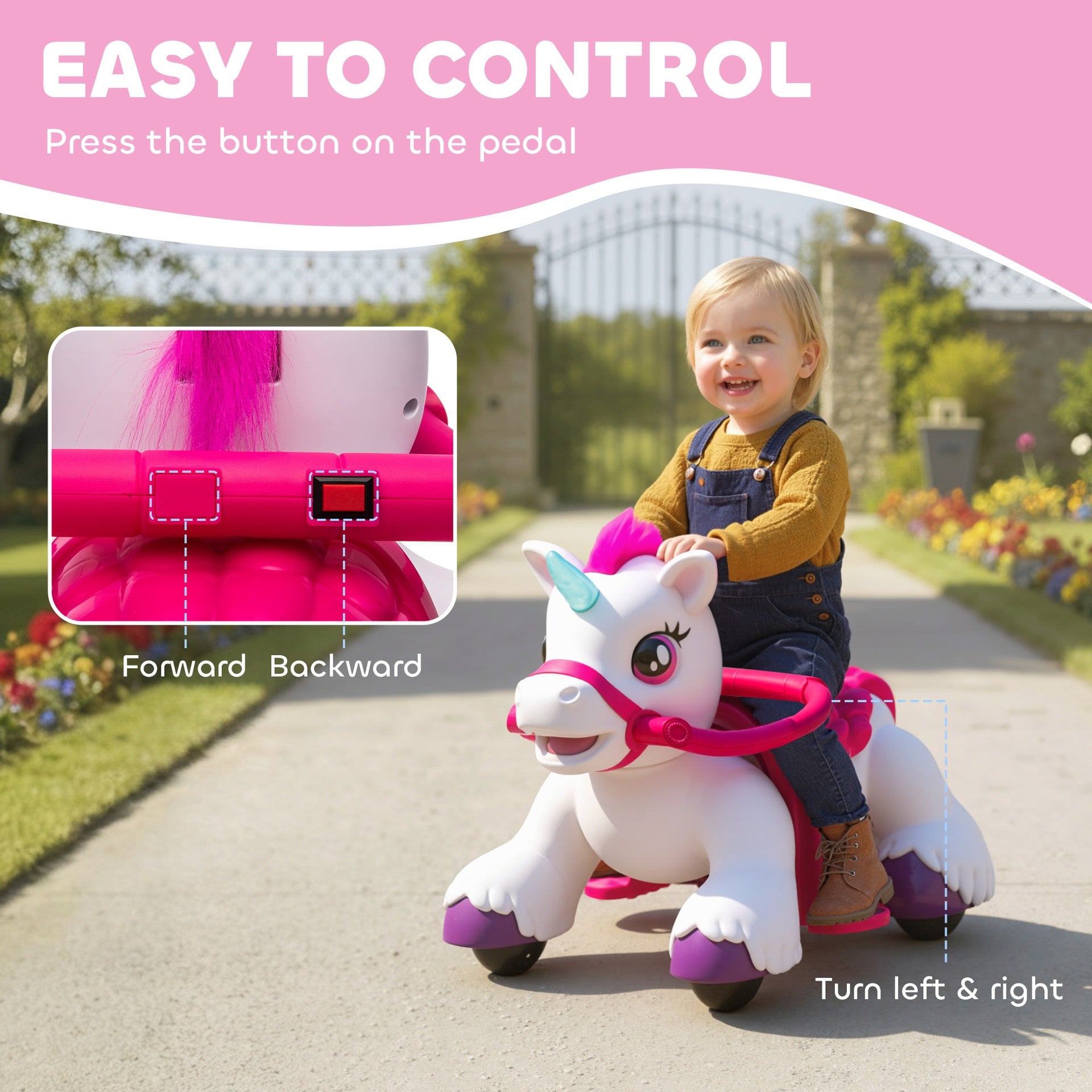 Qaba 12V Unicorn Ride on Horse with Carrot Toy, Comb, Animal Sounds, for Girls Boys Aged 1.5-3 Years Old