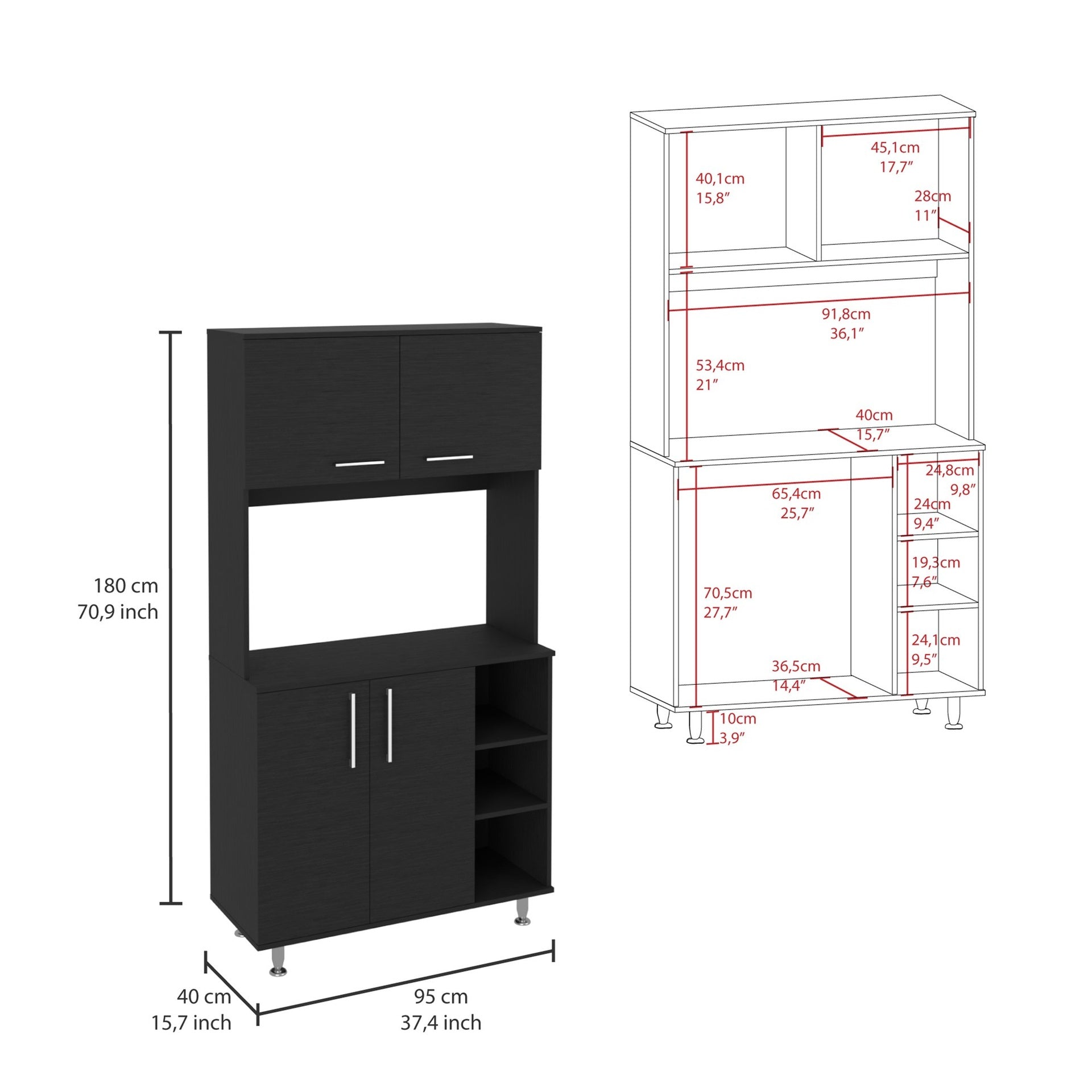 95 Pantry Kit, Four Legs, Double Door Cabinet, Three Shelves  -Black